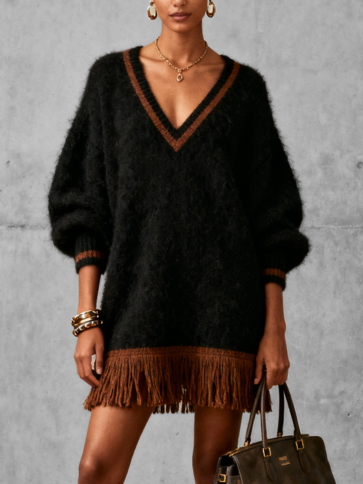 Black Fuzzy Knit V-Neck Sweater Dress With Fringe Hem