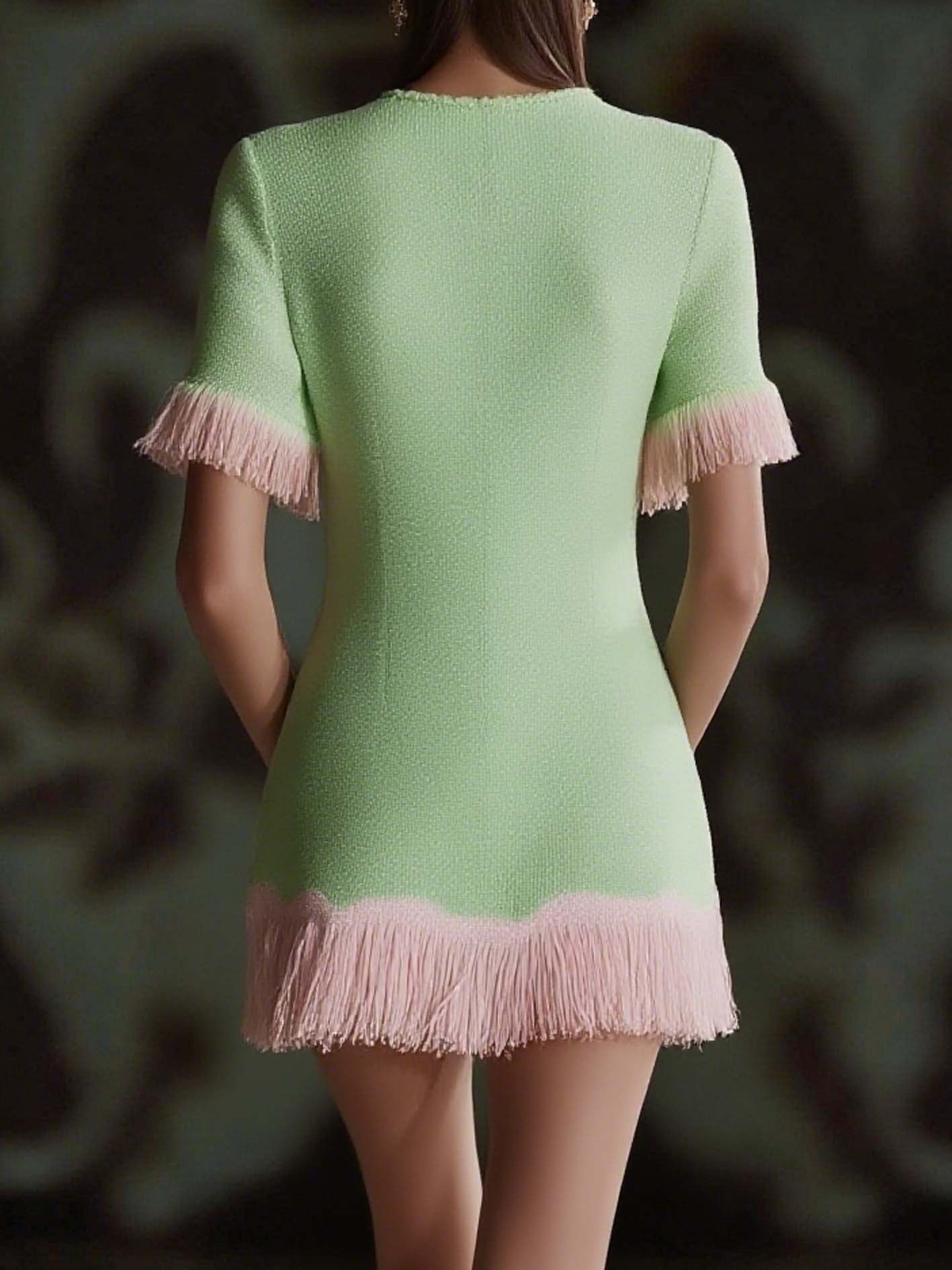 Light Green Knitted Mini Dress With Pink Zebra Print And Tassels