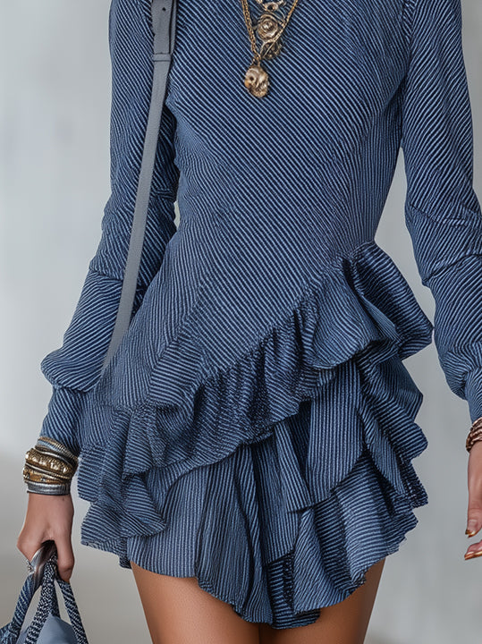 Blue Striped Ruffled High-Neck Mini Dress With Layered Hem