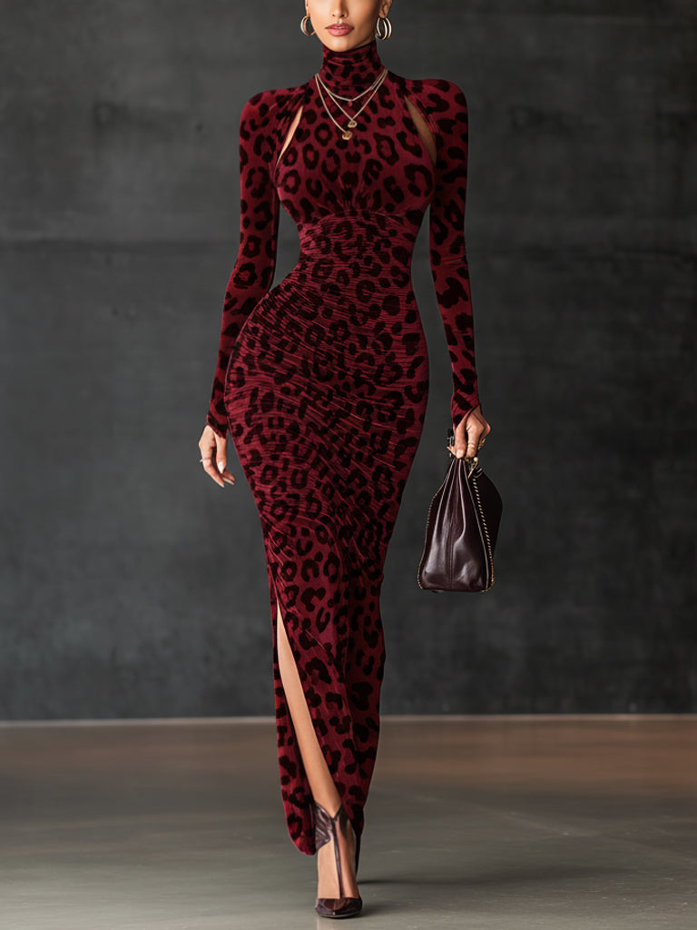 Burgundy Velvet Leopard Print Turtleneck Bodycon Dress