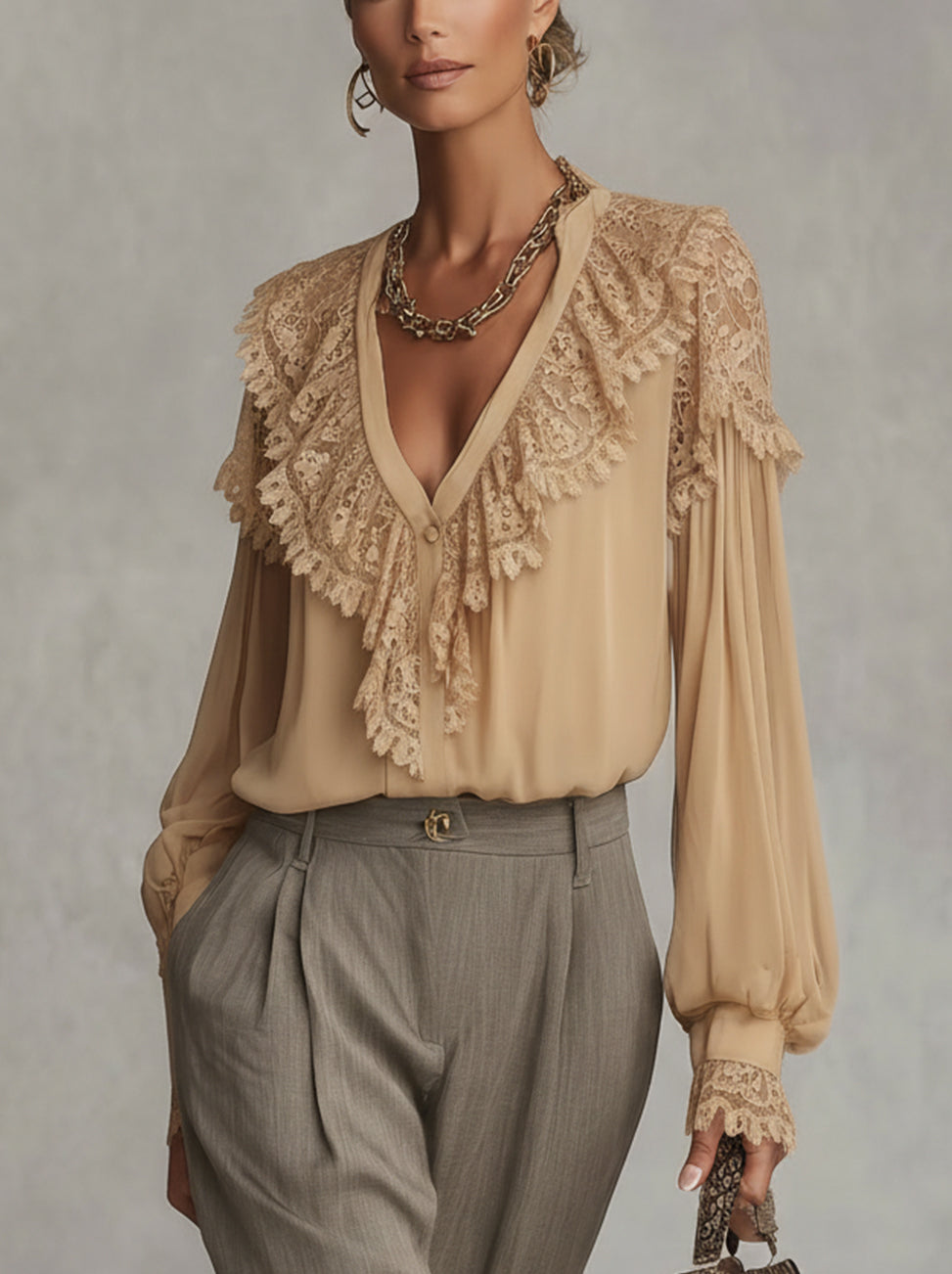 Champagne Lace-Trim Ruffled V-Neck Long-Sleeve Blouse