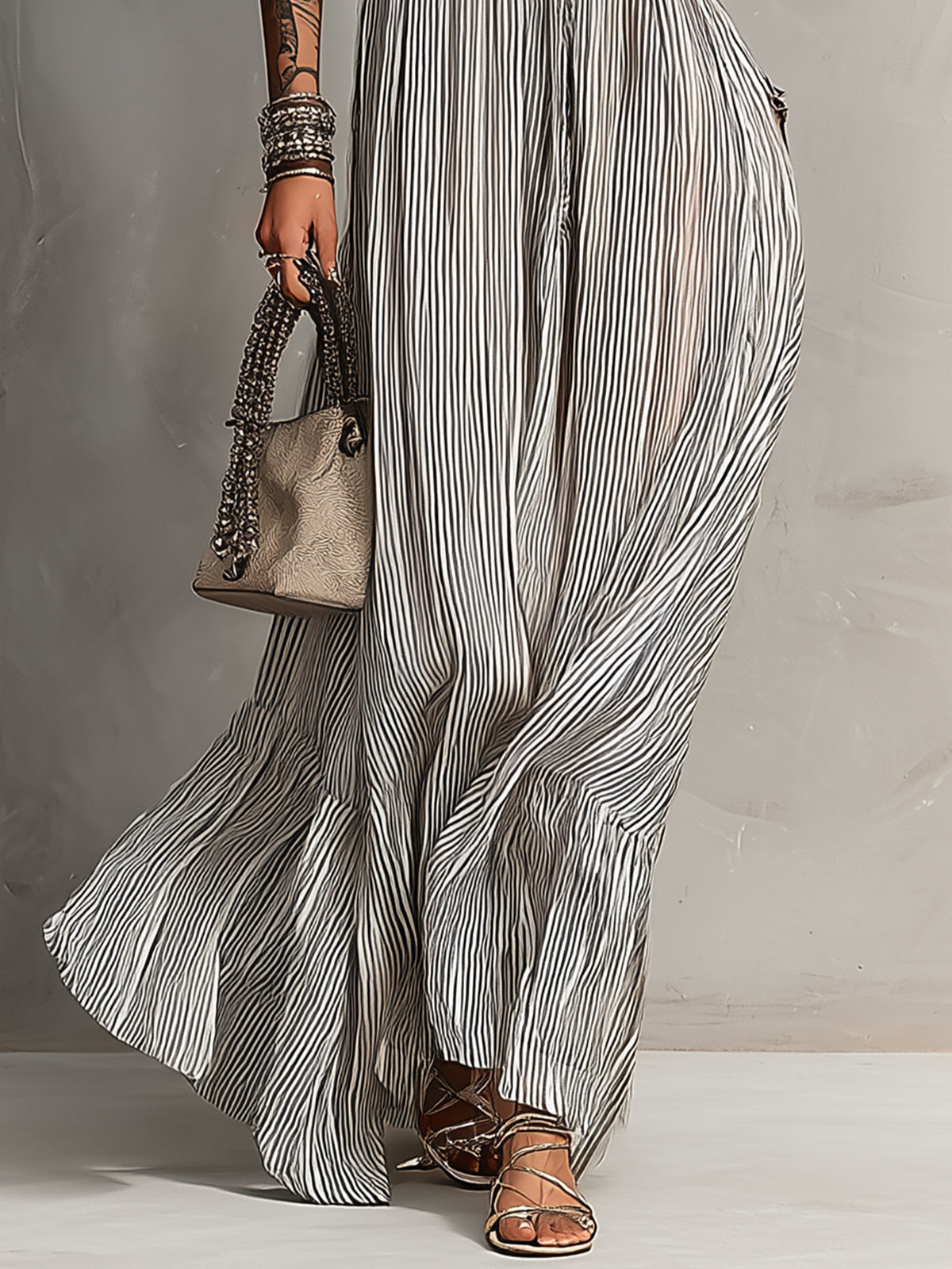 Striped Pleated Spaghetti Strap Chiffon Maxi Dress