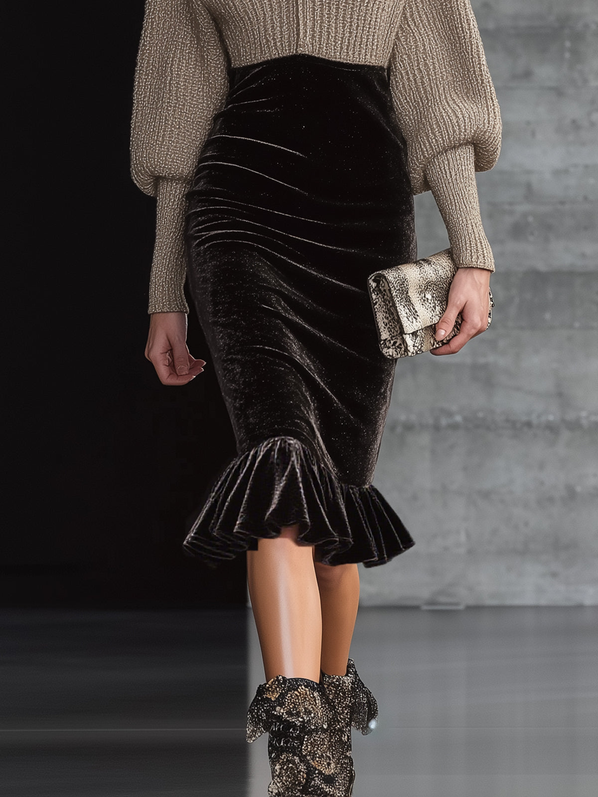 Taupe Knit Velvet Zip Front High Collar Long Sleeve Midi Dress