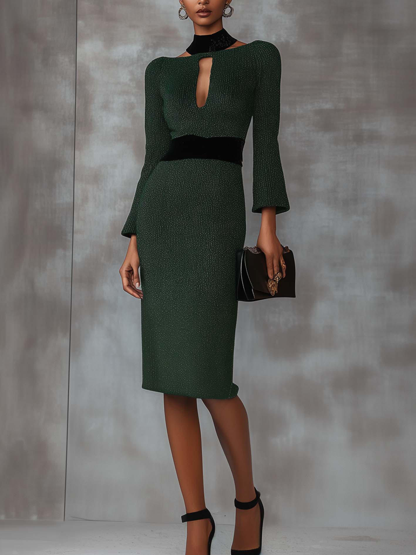 Emerald Green Knitted Midi Dress With Black Neckline And Belt