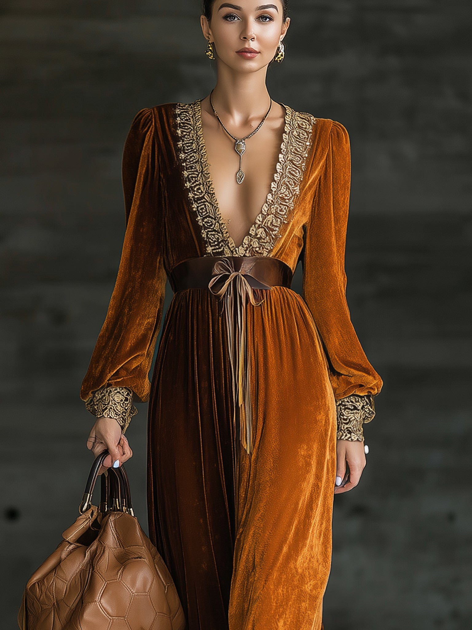 Burnt Orange Vintage Velvet Deep V-Neck Maxi Dress