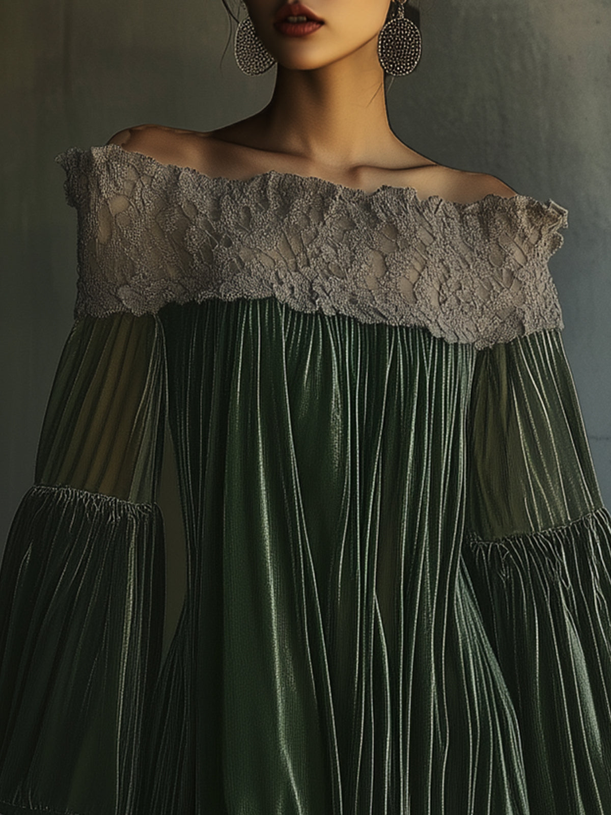Off-Shoulder Green Velvet Dress With Lace Trim And Flared Sleeves