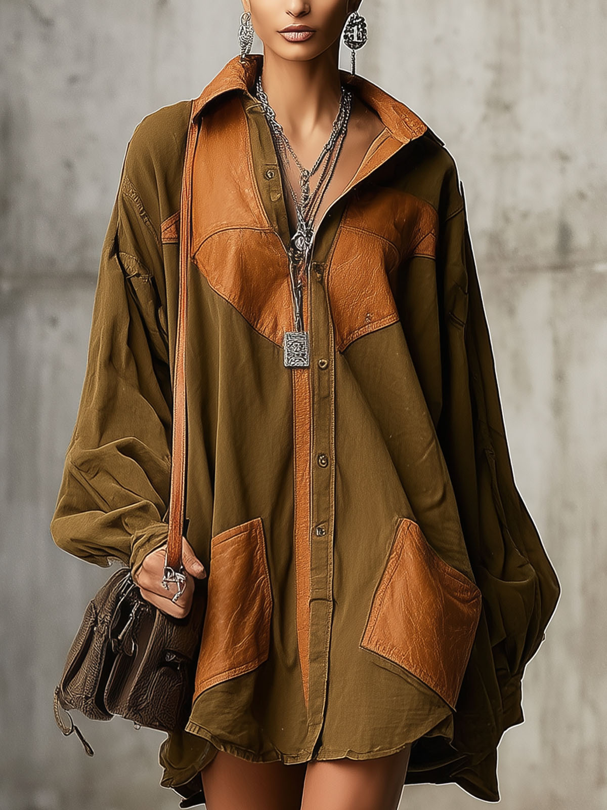 Olive Green Faux Suede Color Blocked Loose Mini Dress