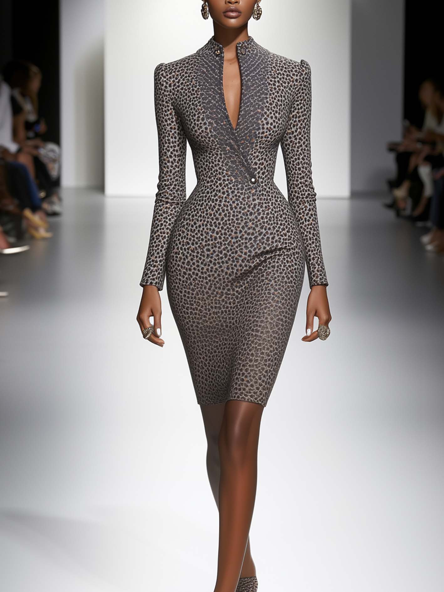 Gray Midi Bodycon Dress With Black Leopard Print