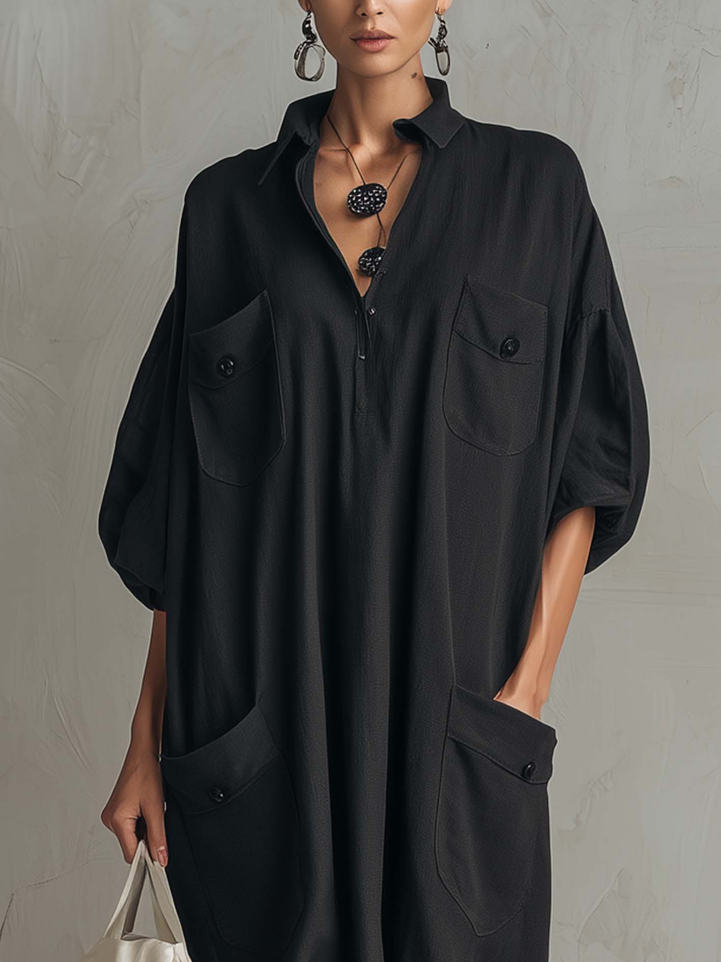 Black Cotton Linen Maxi Shirt Dress With Pockets