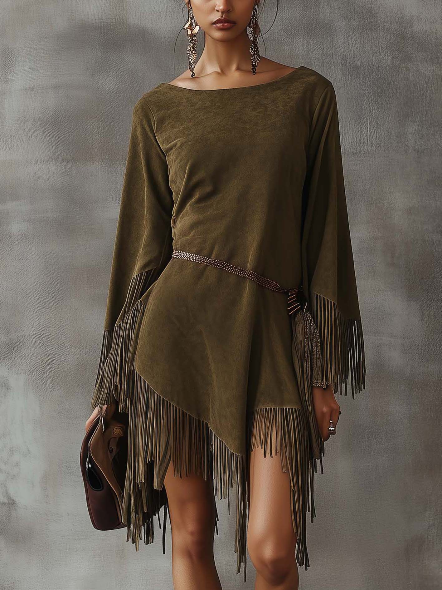 Olive Green Faux Suede Mini Dress With Irregular Tassels