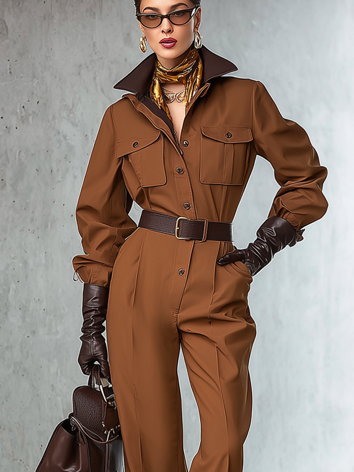 Maroon Slim Fit Jumpsuit With Contrasting Leather Collar (Belt Included)