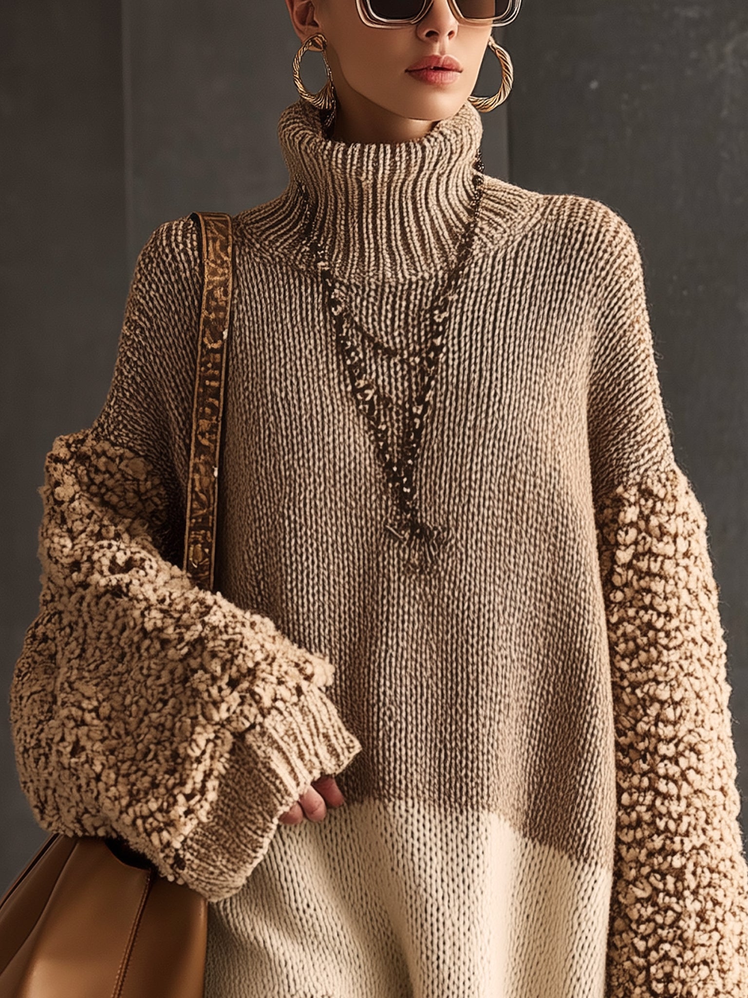 Camel Turtleneck Colorblock Knit Long Sleeve Mini Dress
