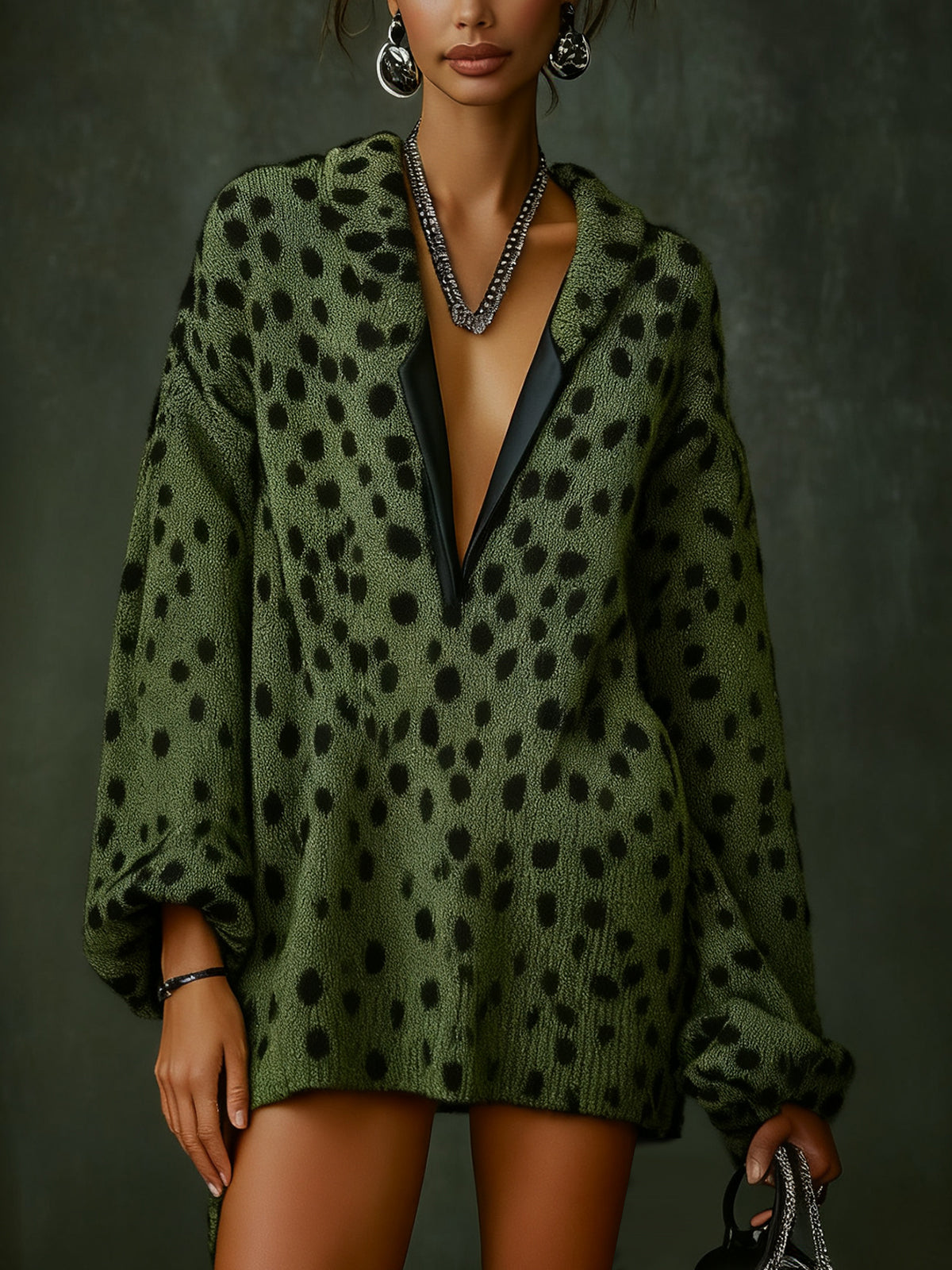 Green Leopard Print Knit Dress With Black Trim