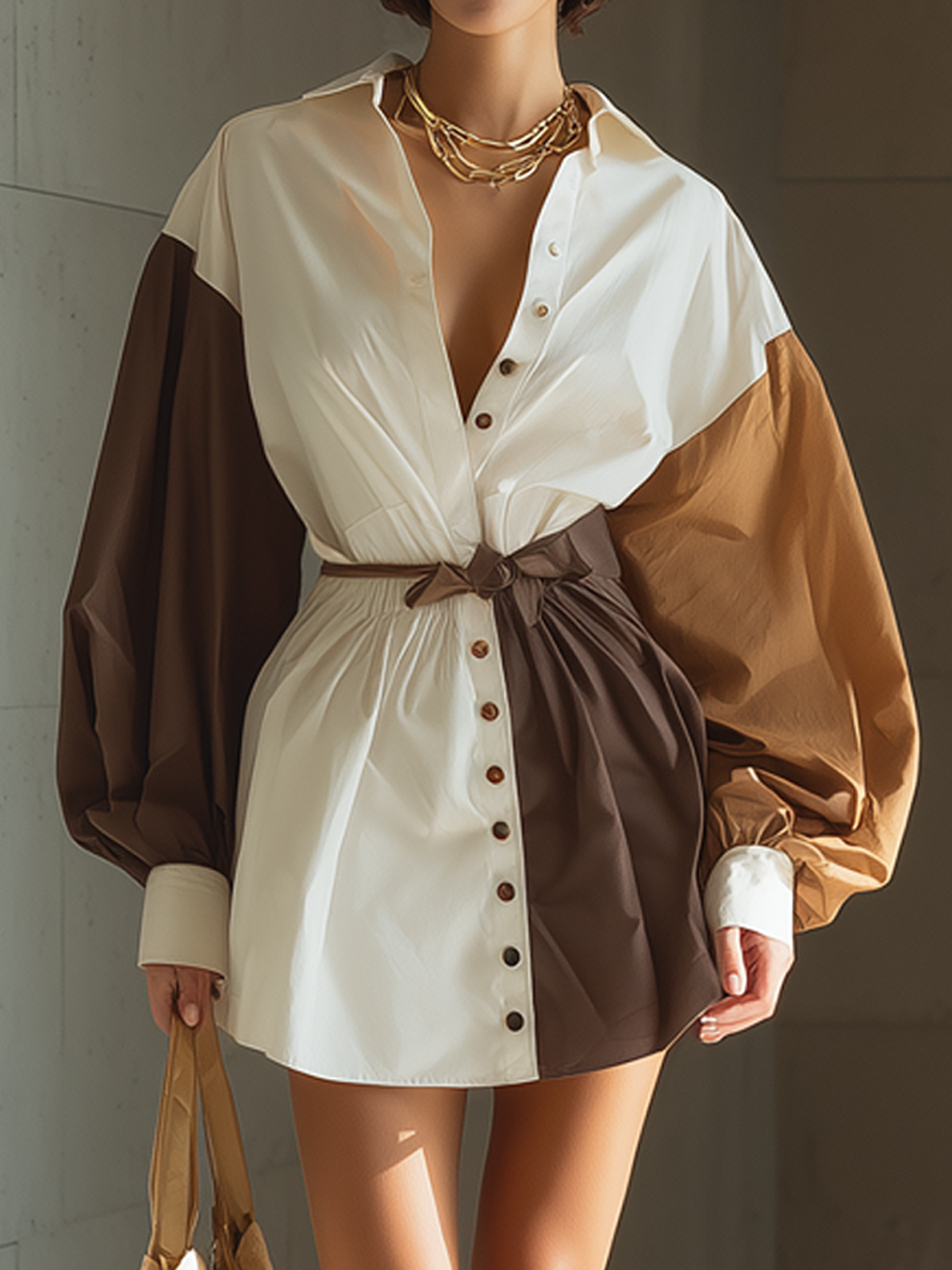 Colorblock Button-Down Belted Mini Shirt Dress