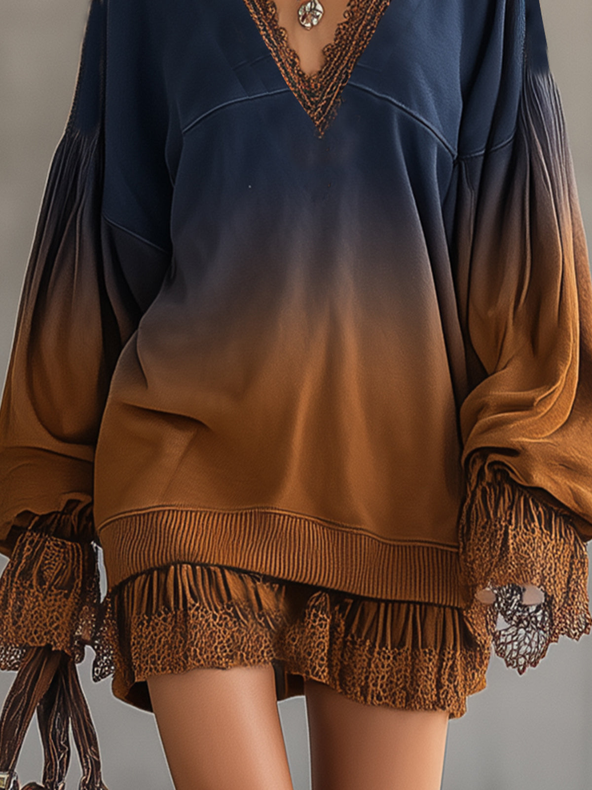 Navy And Caramel Ombre Lace Trim V-Neck Sweater Dress