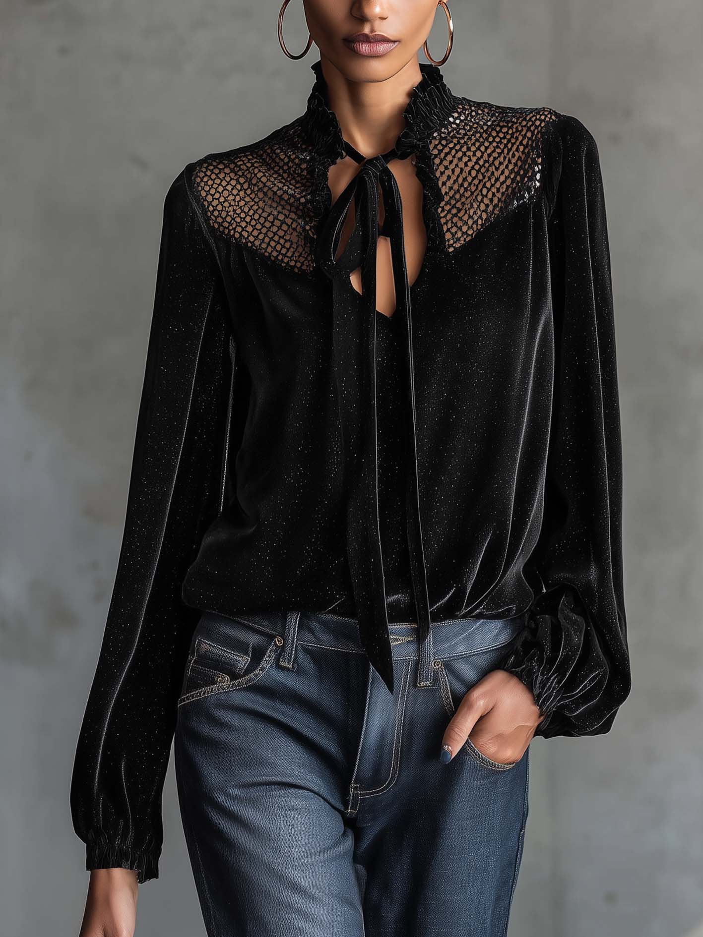 Black Sparkle Velvet Blouse With Mesh Patchwork