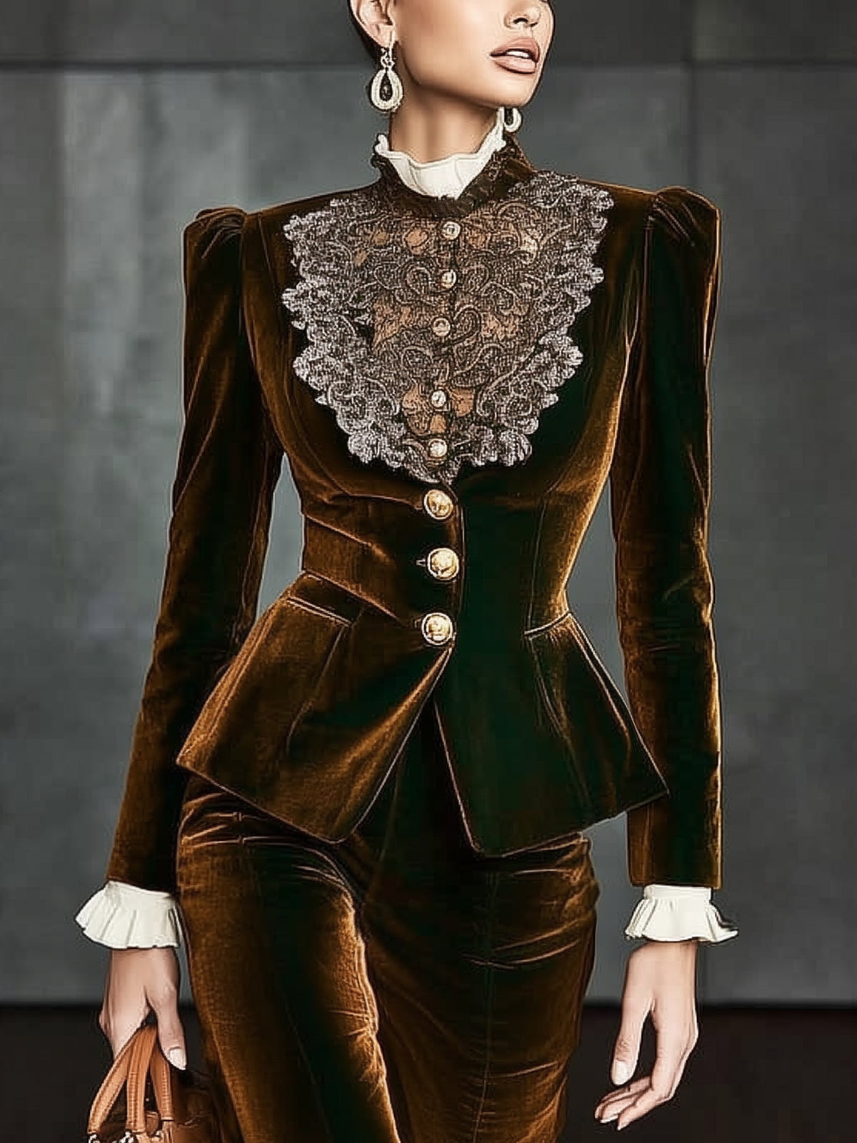 Bronze Brown Velvet Blazer With A Gorgeous Tailored Lace Front