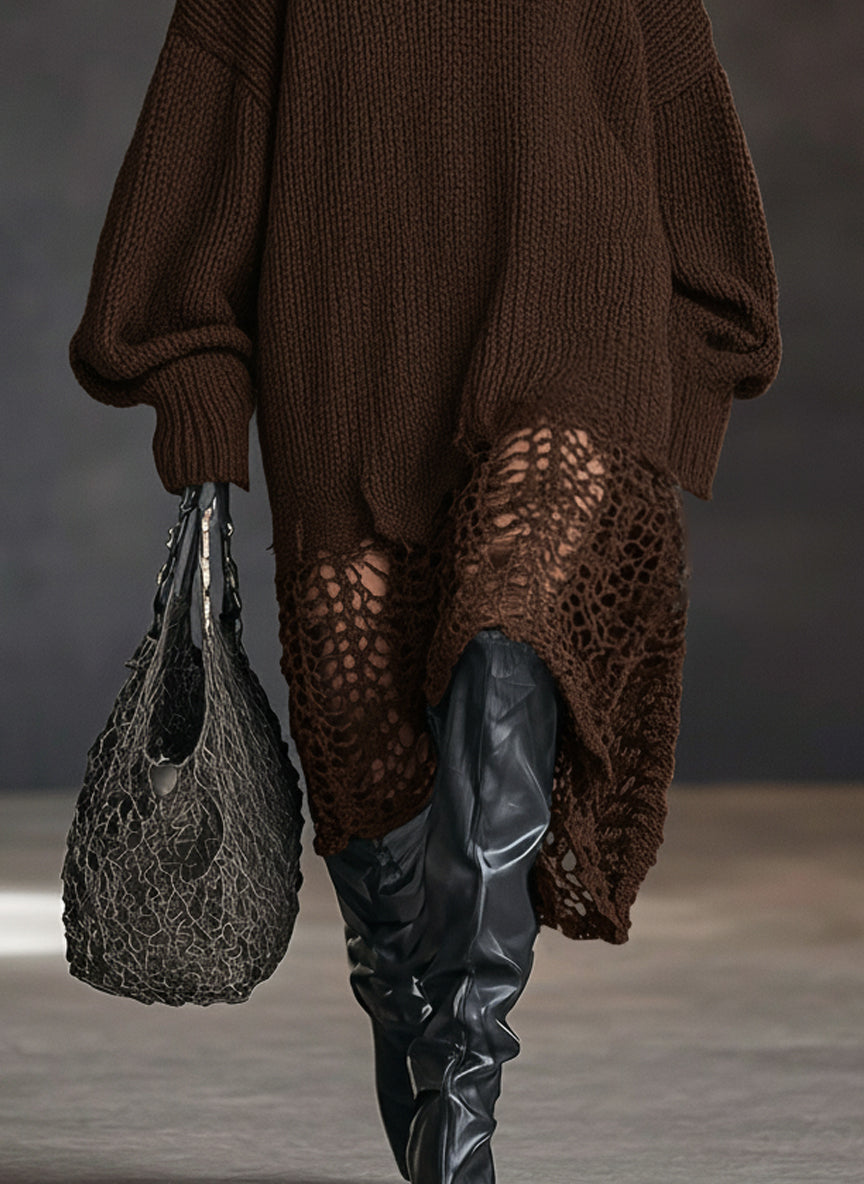 Charcoal Gray V-Neck Knit Mesh Long Sleeve Midi Dress