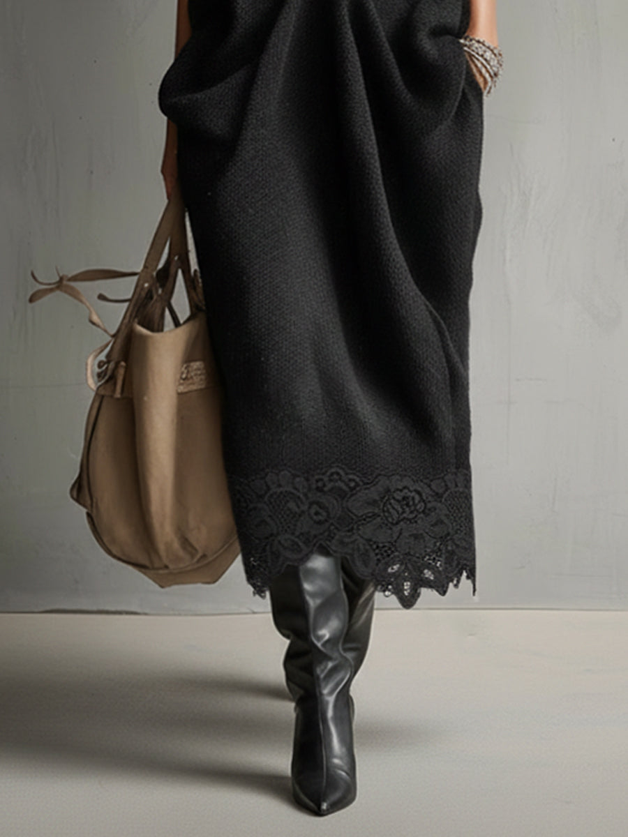 Black Sleeveless Chiffon High-Neck Knit Maxi Dress With Lace Hem