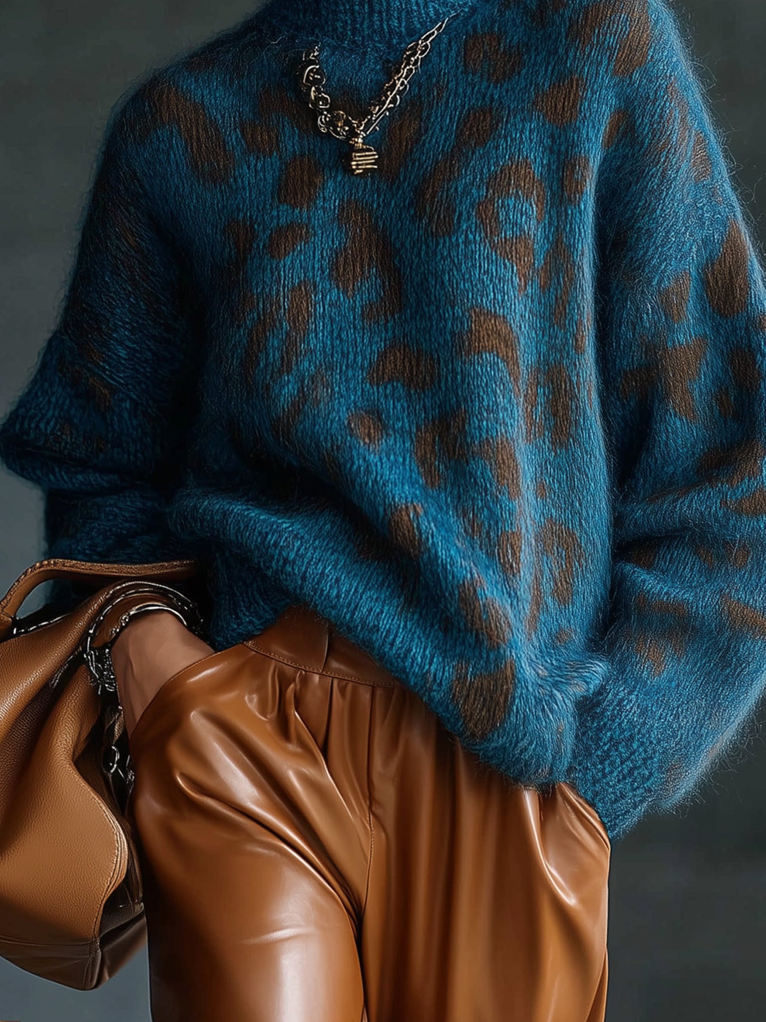 Teal Leopard  Print Mohair Turtleneck Loose Fit Sweater