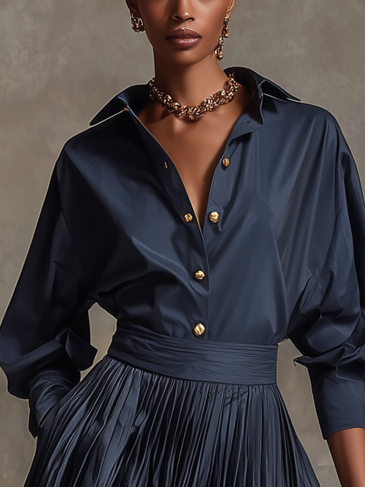 Navy Blue Shirt And Gold Button Pleated Skirt Suit