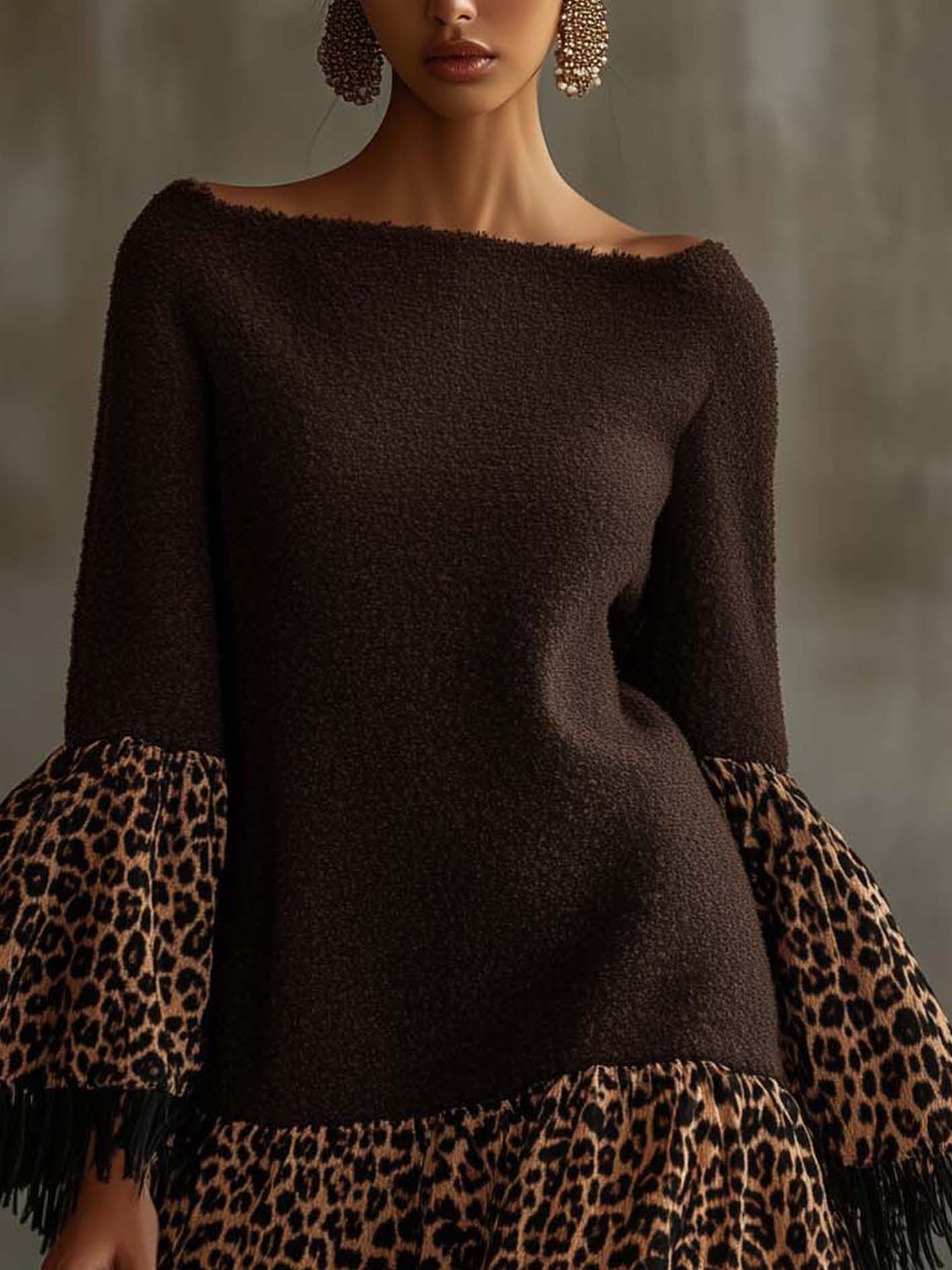Chocolate Knitted Mini Dress With Leopard Print And Tassels