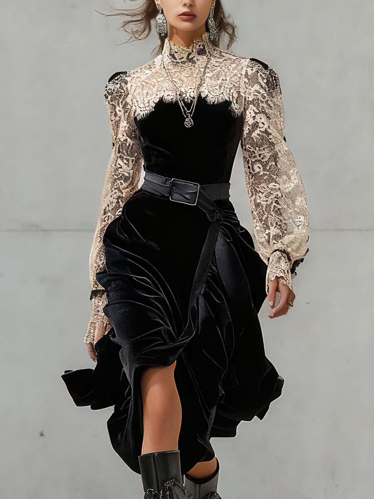 Black Velvet And Lace High Neck Midi Dress