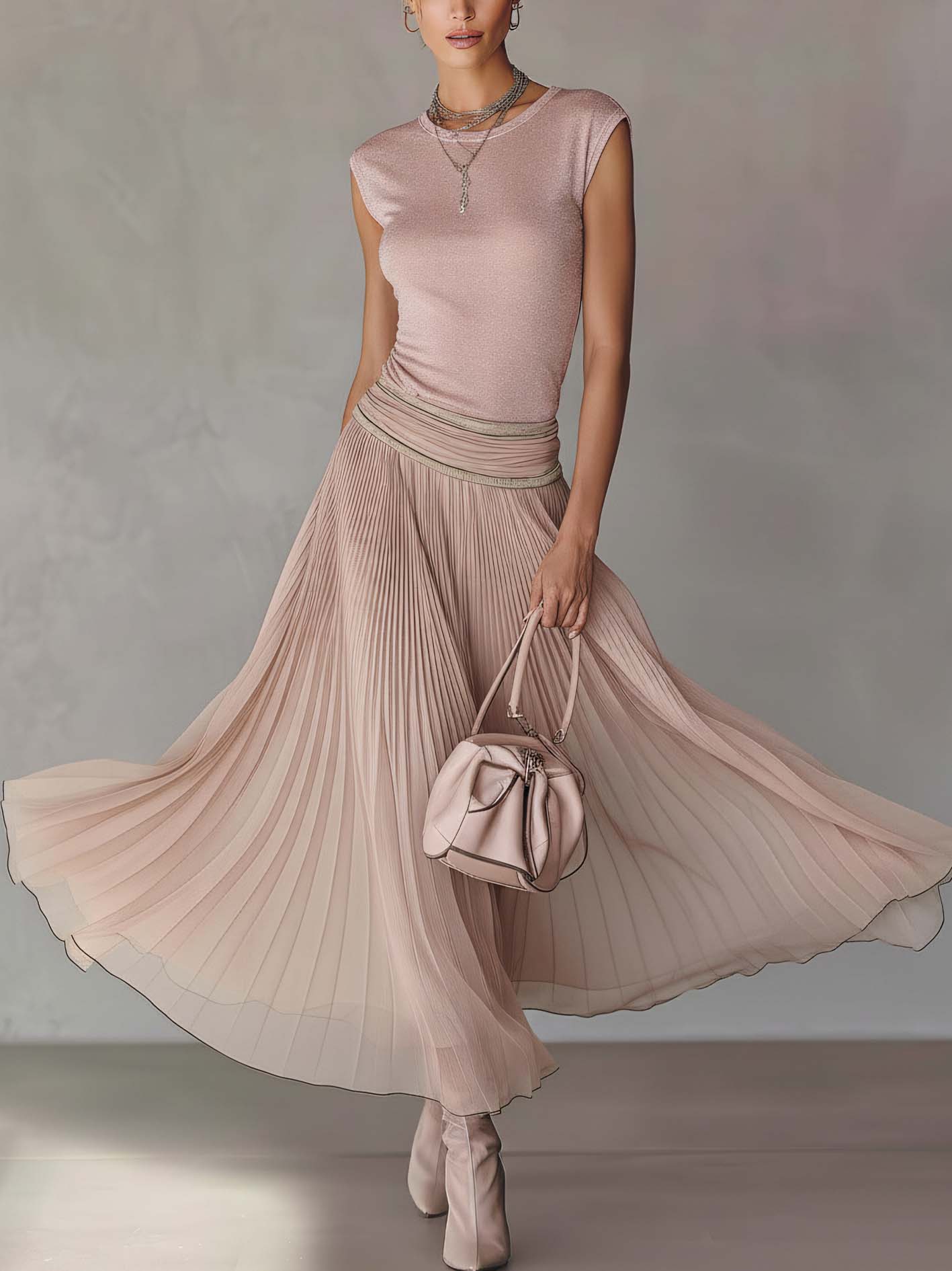 Pink Shimmer Tee And Flowing Midi Pleated Skirt Two-Piece Set