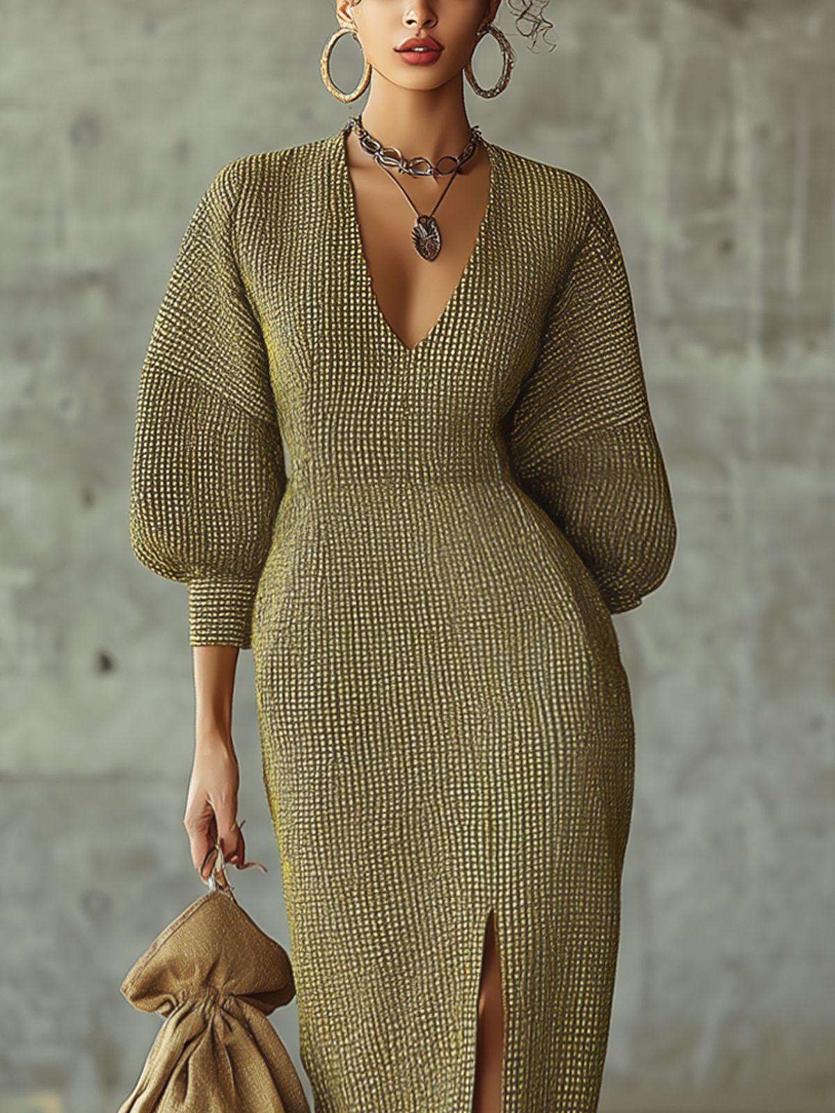 Olive Green Corduroy Deep V-neck Puff-sleeved Maxi Dress With A Slit