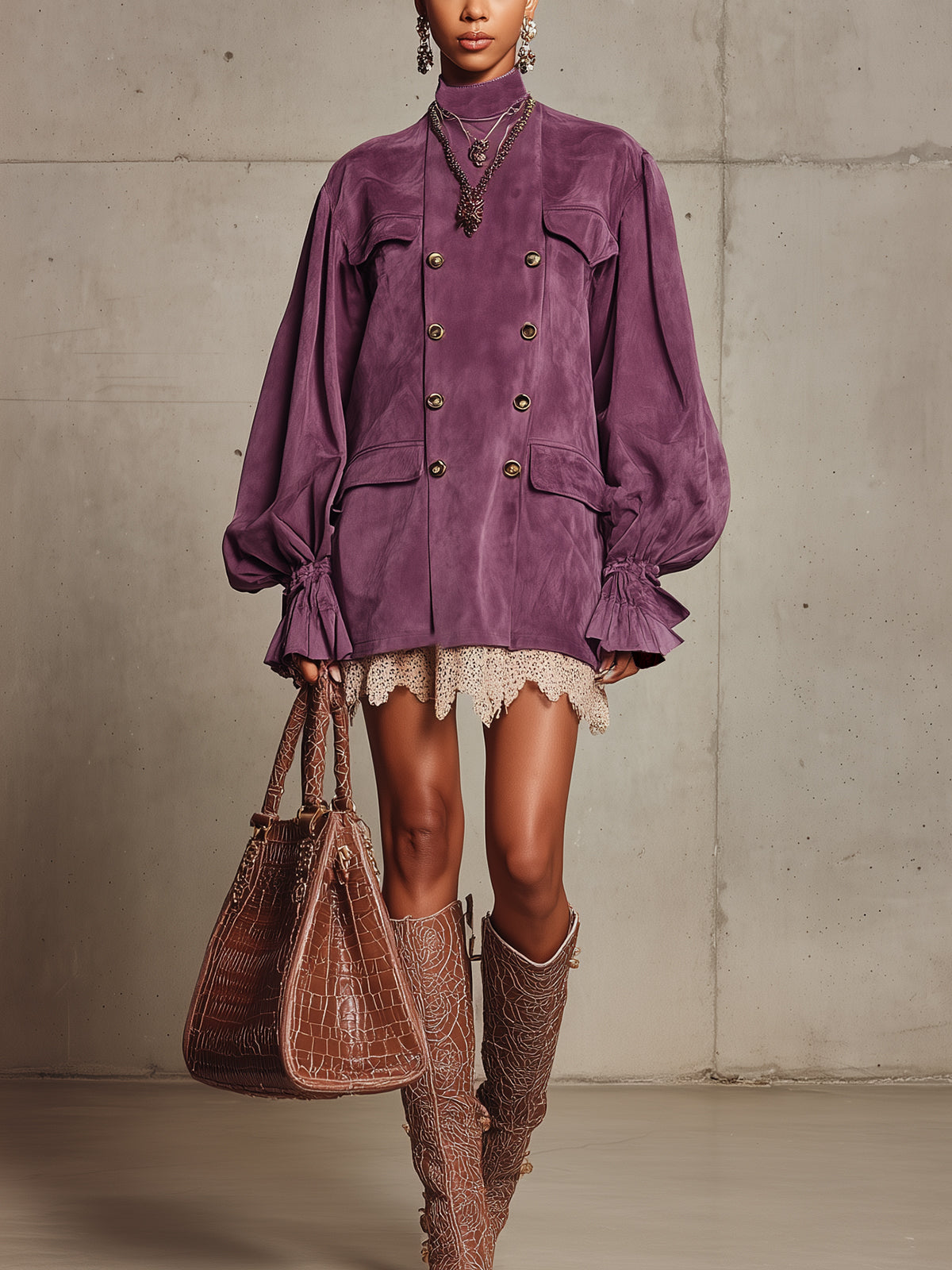 Plum Faux Suede Double-Breasted Blouse With Statement Sleeves