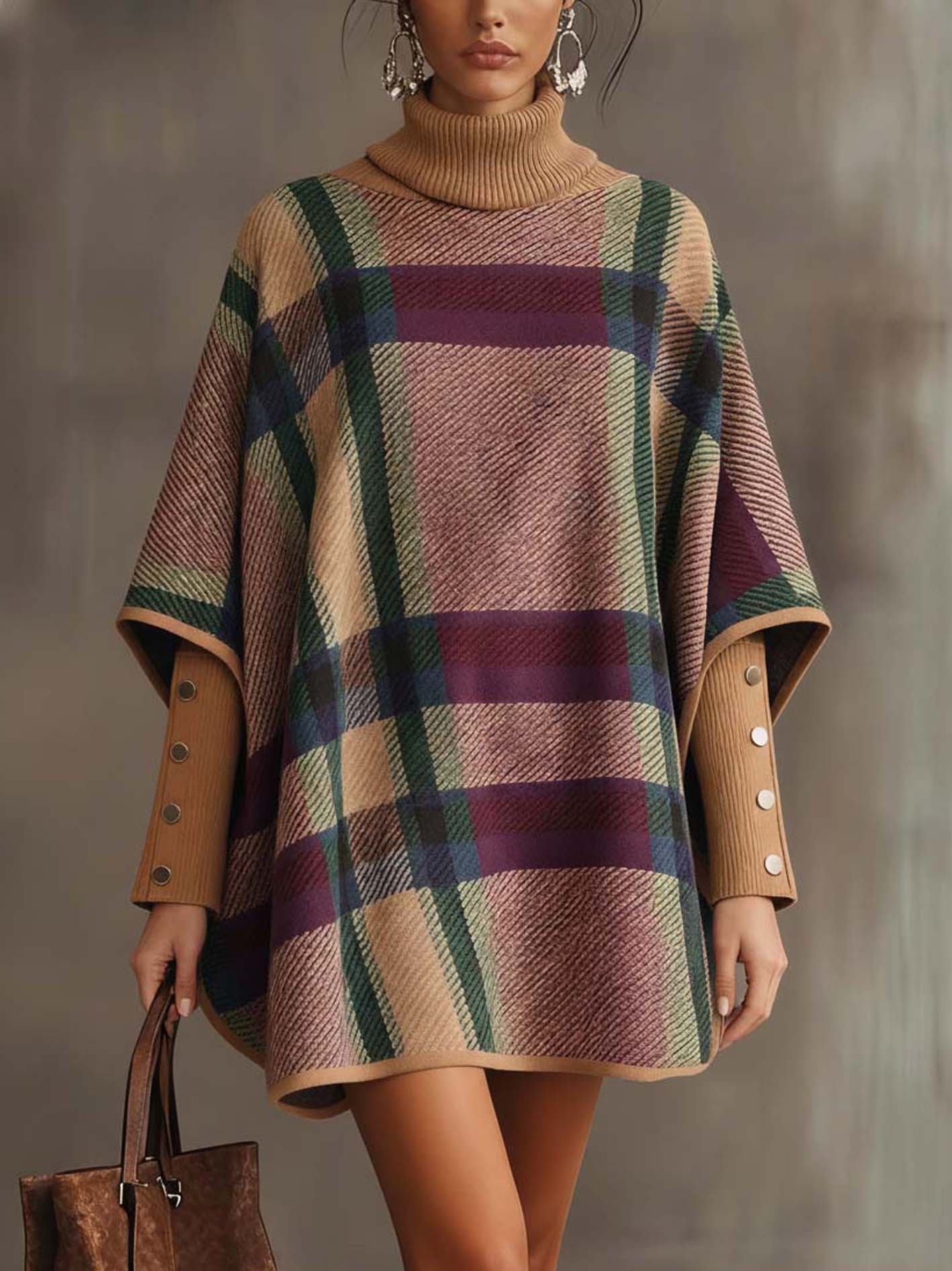 Light Brown Knitted Mini Dress Set With Colorful Outer Layer