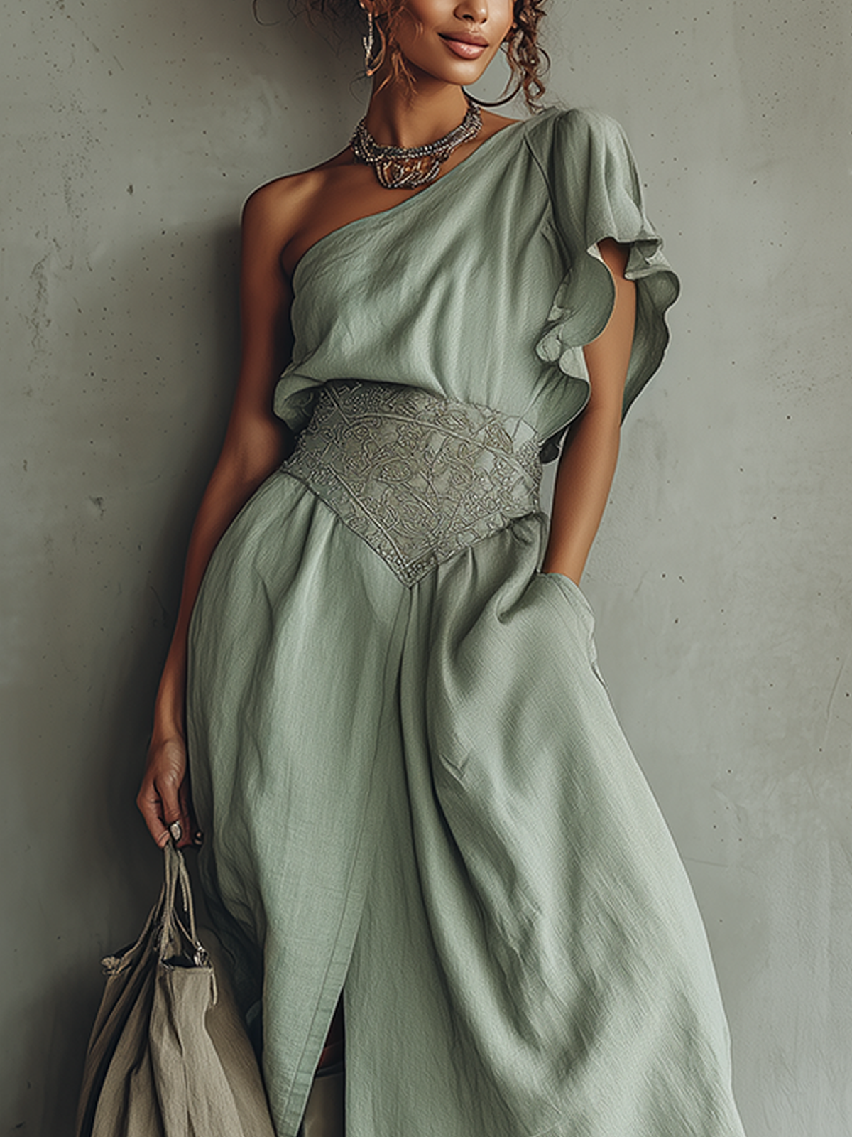 Light Green Asymmetric Ruffled One-Shoulder Midi Dress