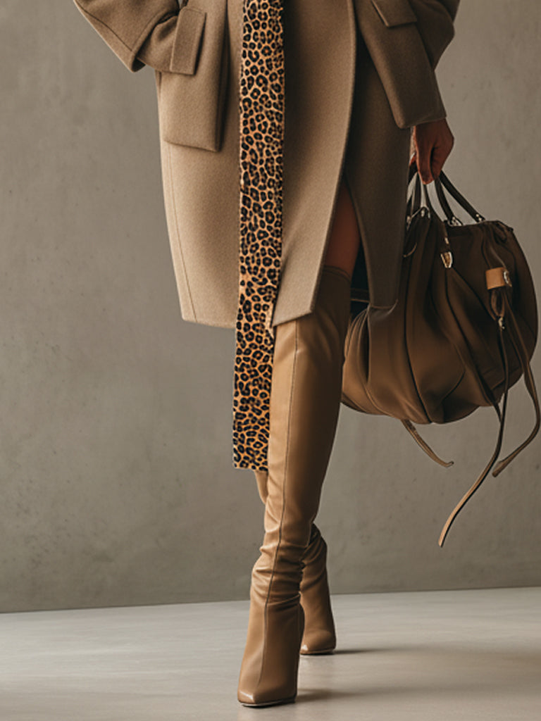 Camel  Coat With Leopard Print Waist Belt