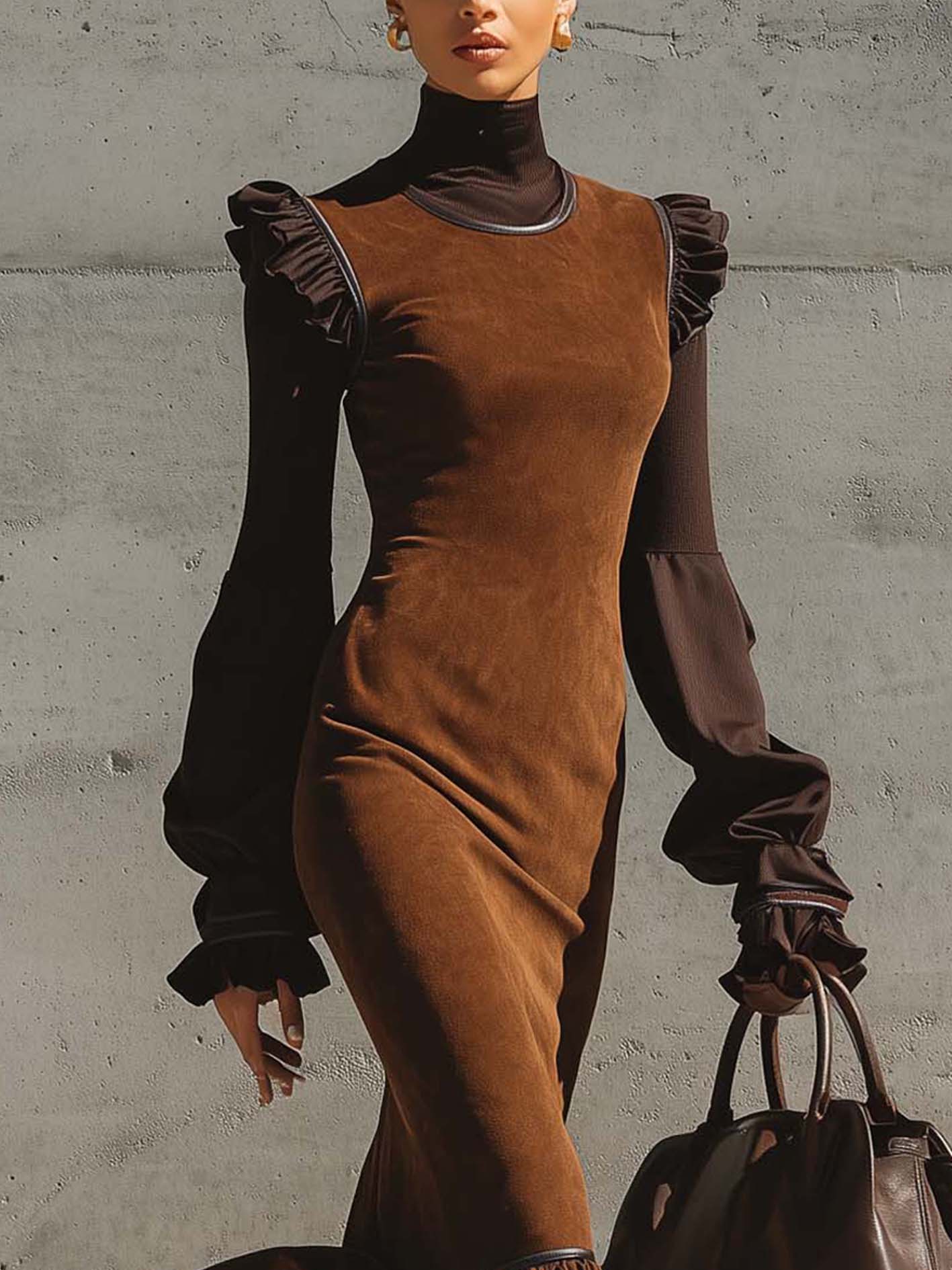 Brown Faux Suede Bodycon Dress With Patchwork Sleeves And Ruffle
