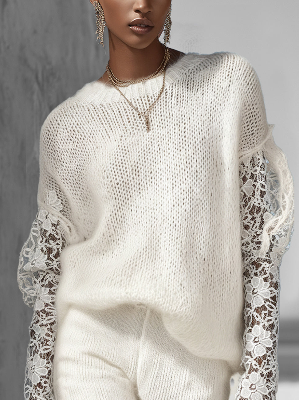 White Lace Sleeve Fuzzy Knit Sweater And High-Waist Shorts Set