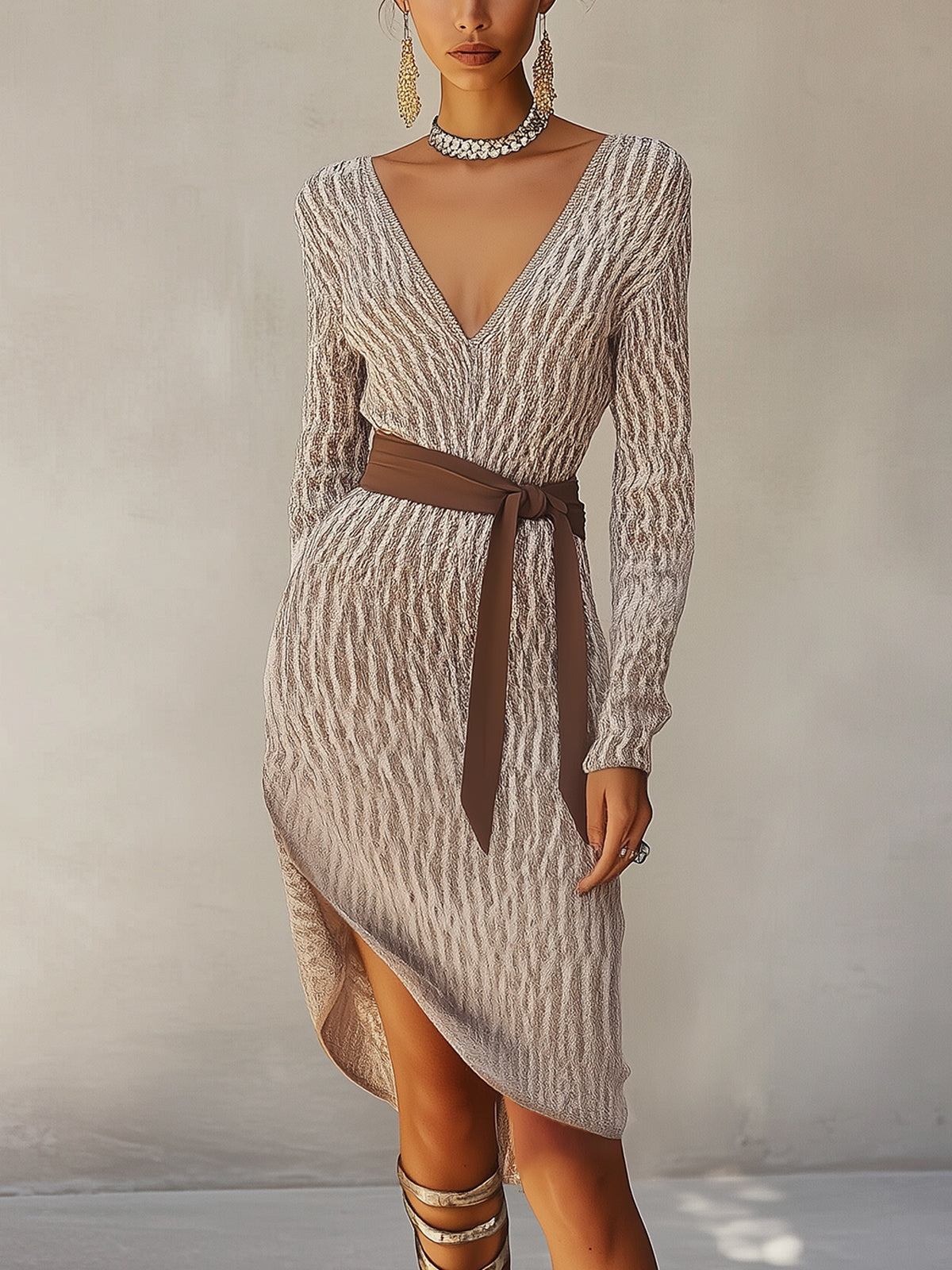 Taupe Textured Knit V-Neck Belted Midi Dress
