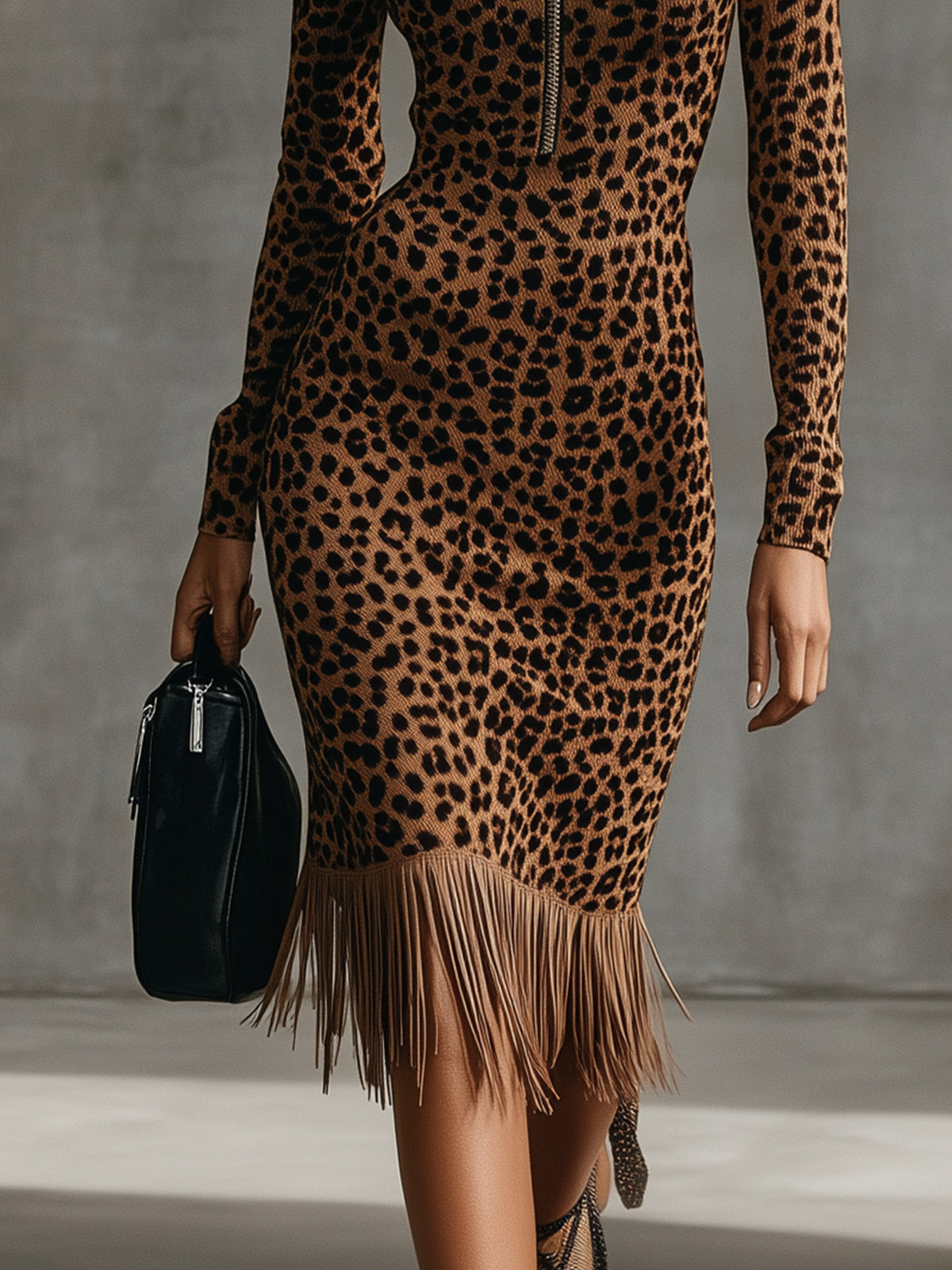 Brown Leopard Print Tassel Hem Zipper High Neck Knitted Hip Dress