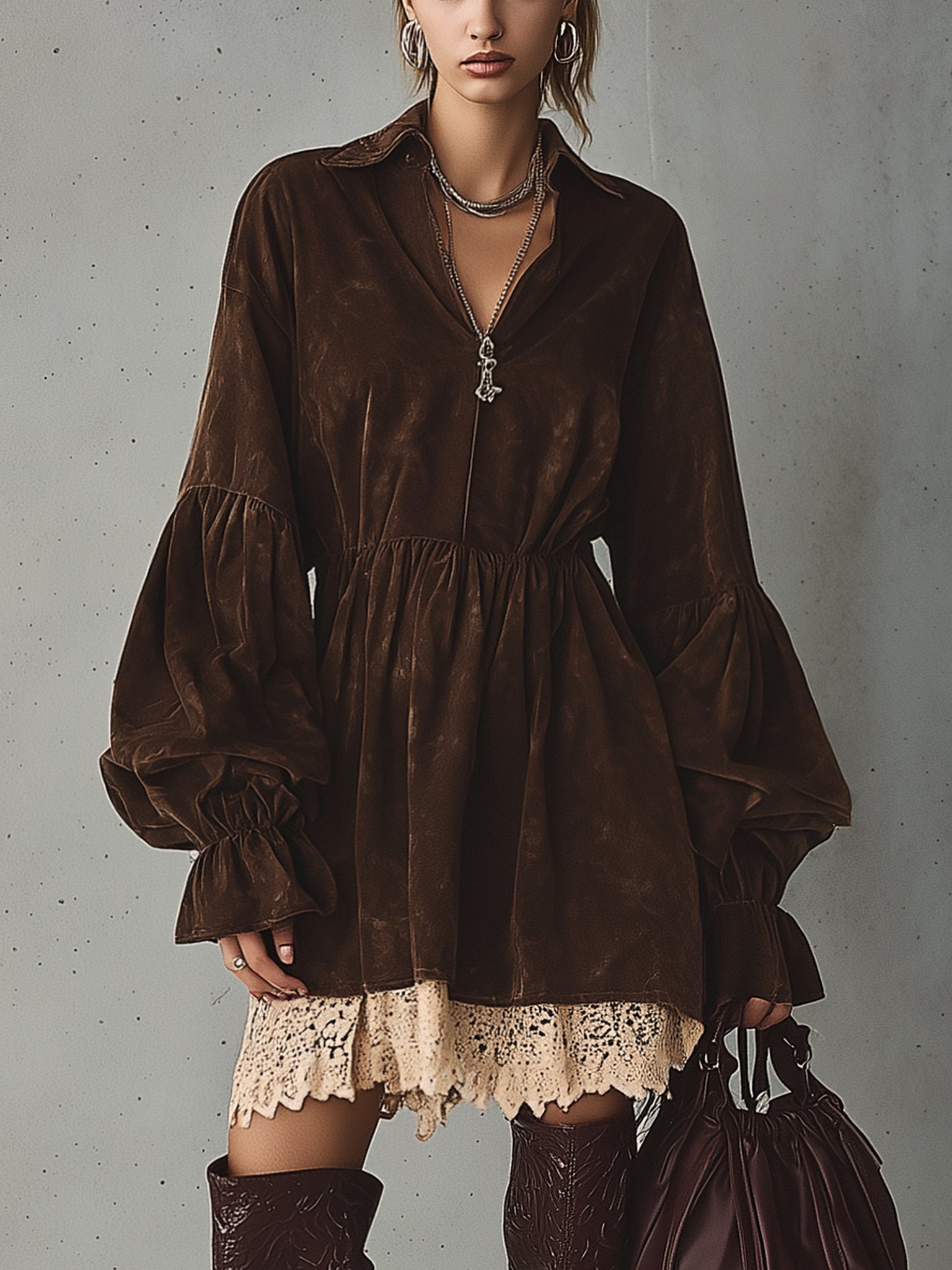 Chocolate Vintage Suede Effect Lace Hem Mini Dress