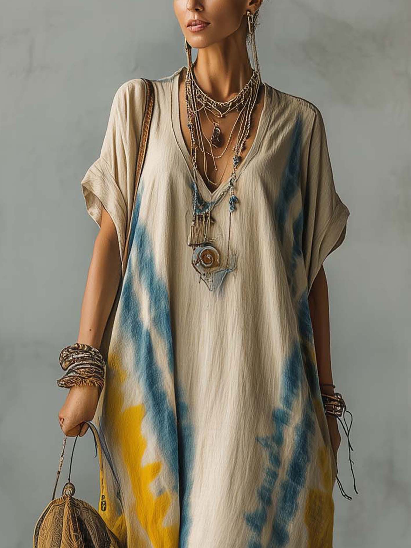 Oatmeal Cotton Linen Tie-Dye Boho V-Neck Maxi Dress