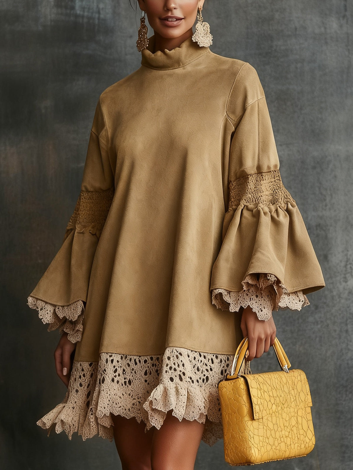 Beige Faux Suede And Lace Bell Sleeve Swing Dress