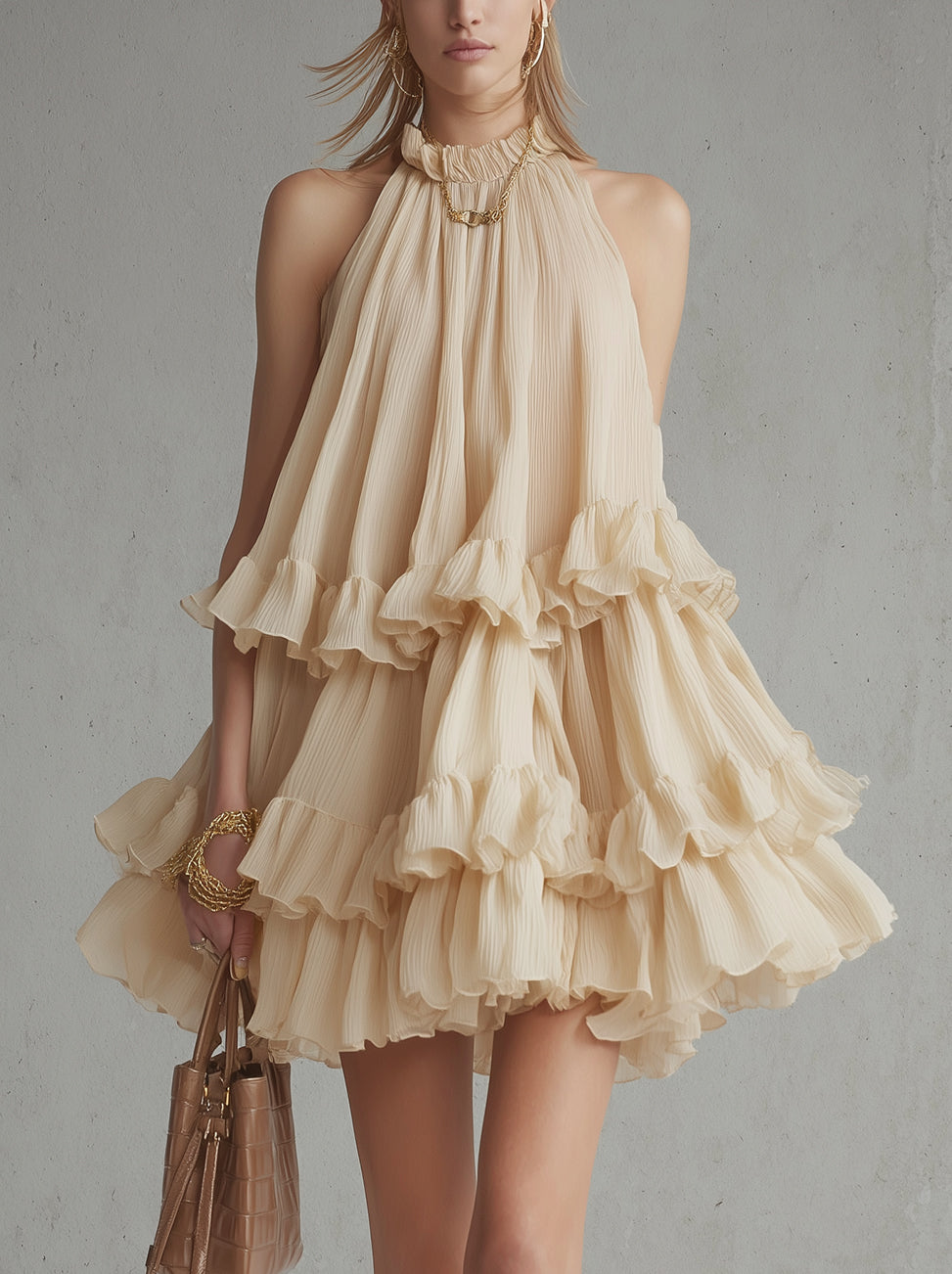 Apricot  Pleated Halter Neck Tiered Ruffle Mini Dress