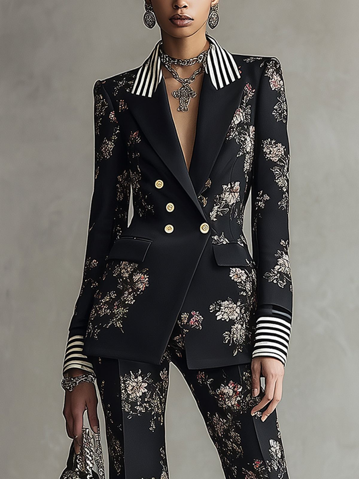 Black Floral Print And Striped Double Breasted Suit