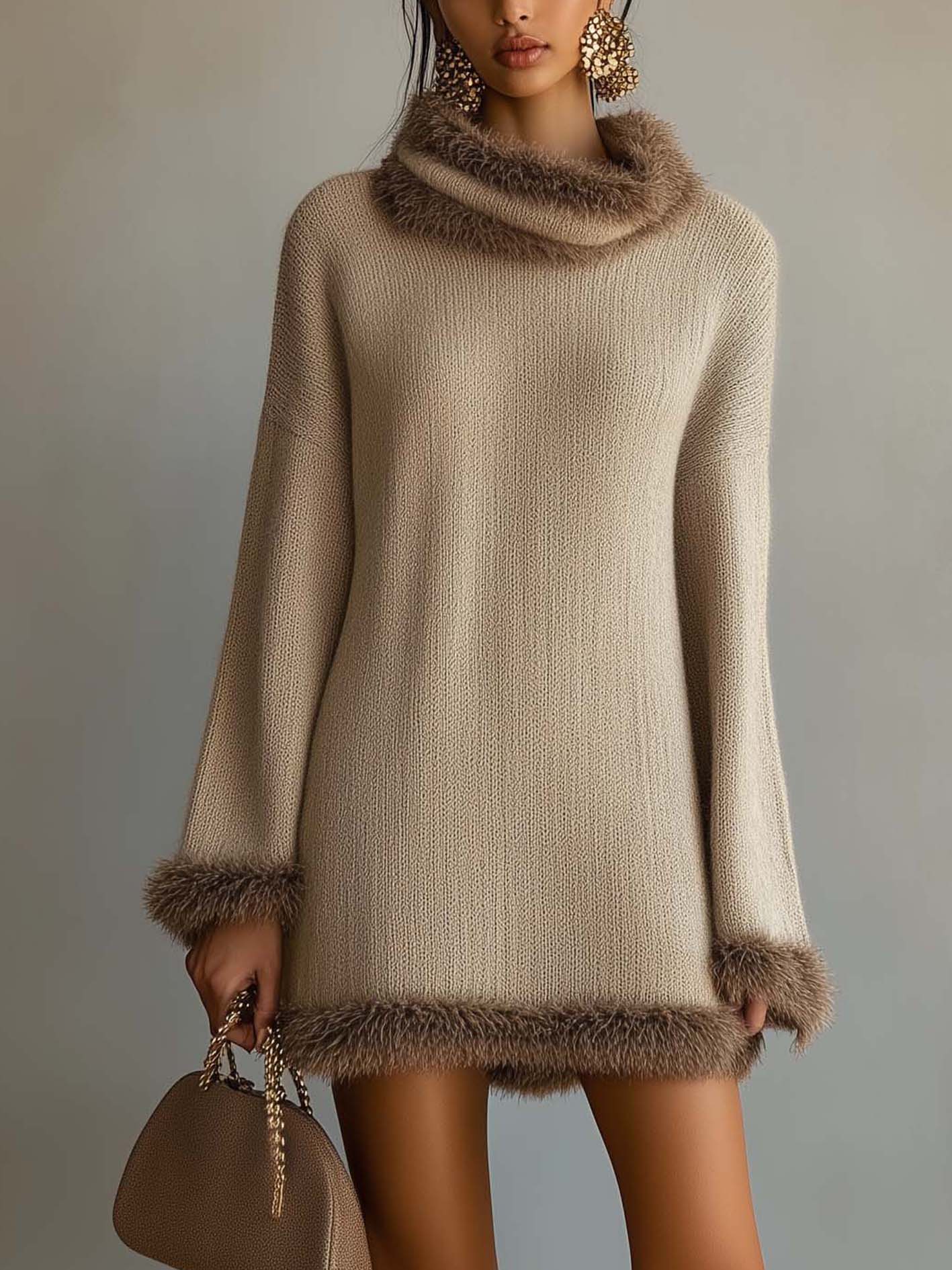 Beige Knitted Mini Dress With Brown Plush Trim