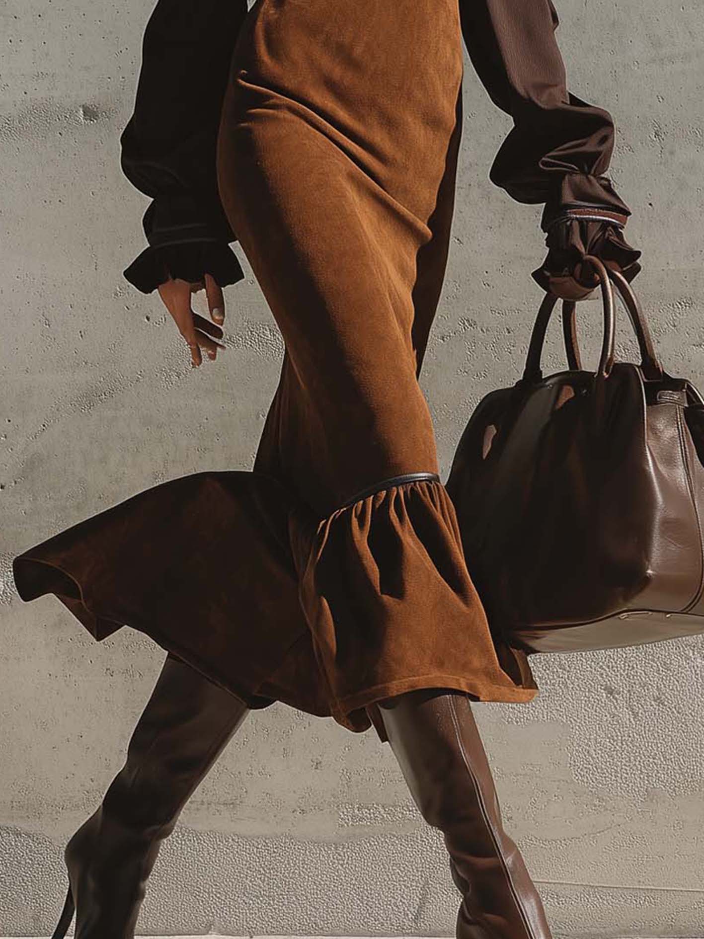 Brown Faux Suede Bodycon Dress With Patchwork Sleeves And Ruffle