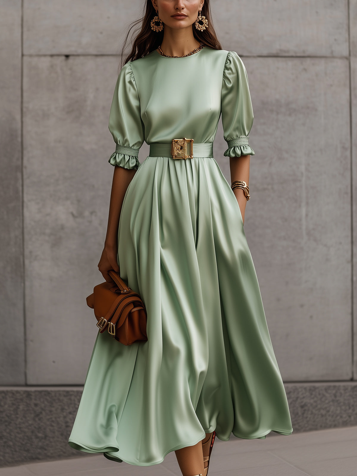 Green Satin Belted Puff Sleeve Round Neck Knee Length Midi Dress