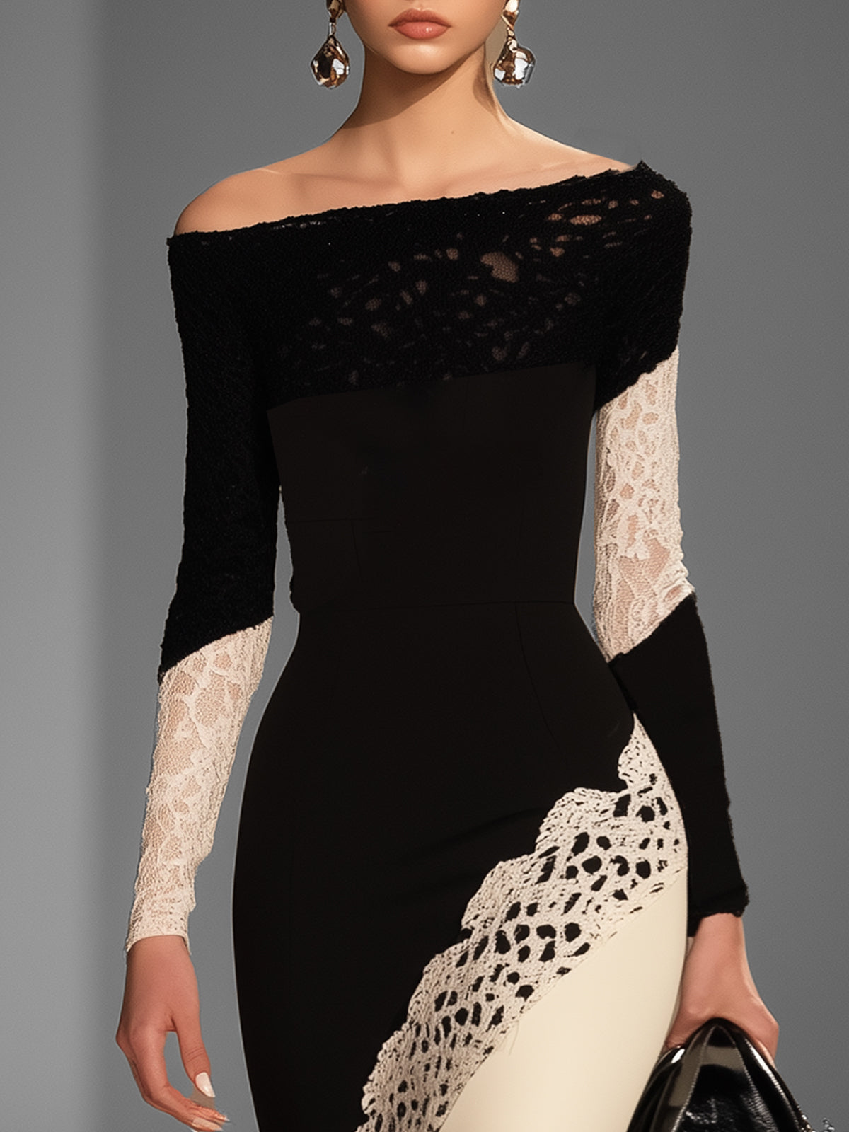 Off Shoulder Black And Ivory Lace Accent Dress