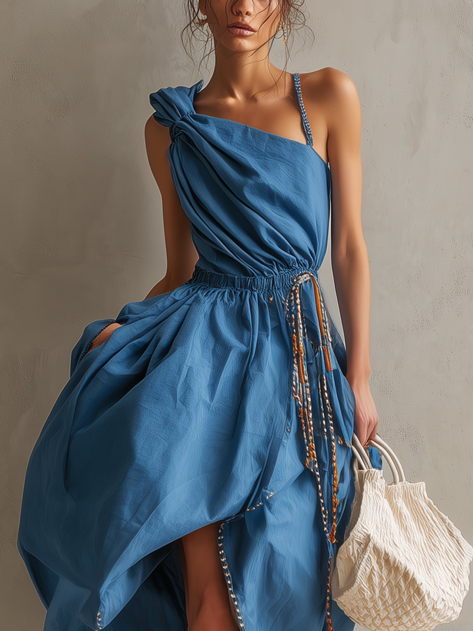 Blue Cotton Drawstring Strap Maxi Dress