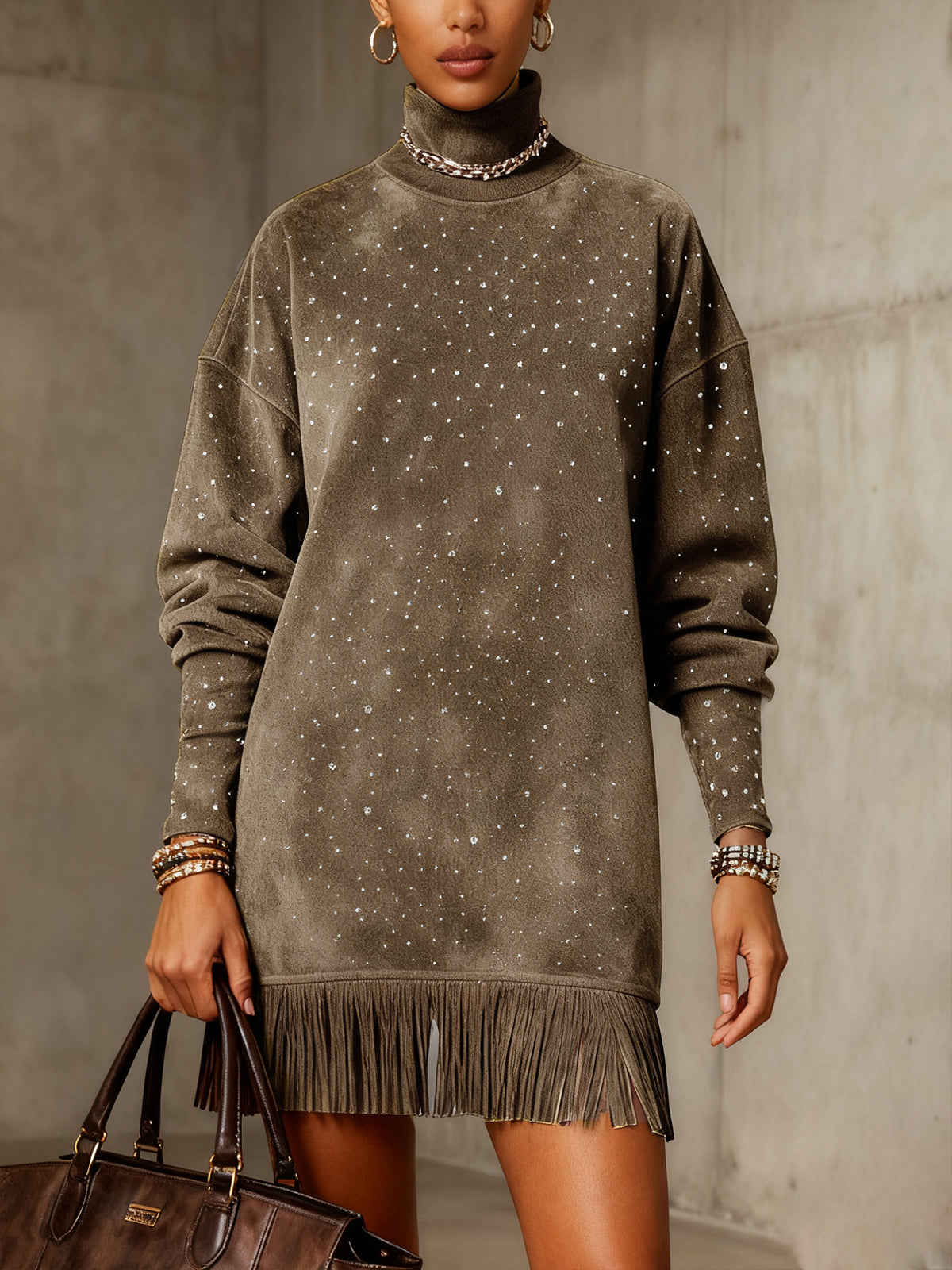 Gray Faux  Suede Turtleneck Dress With Fringe Hem