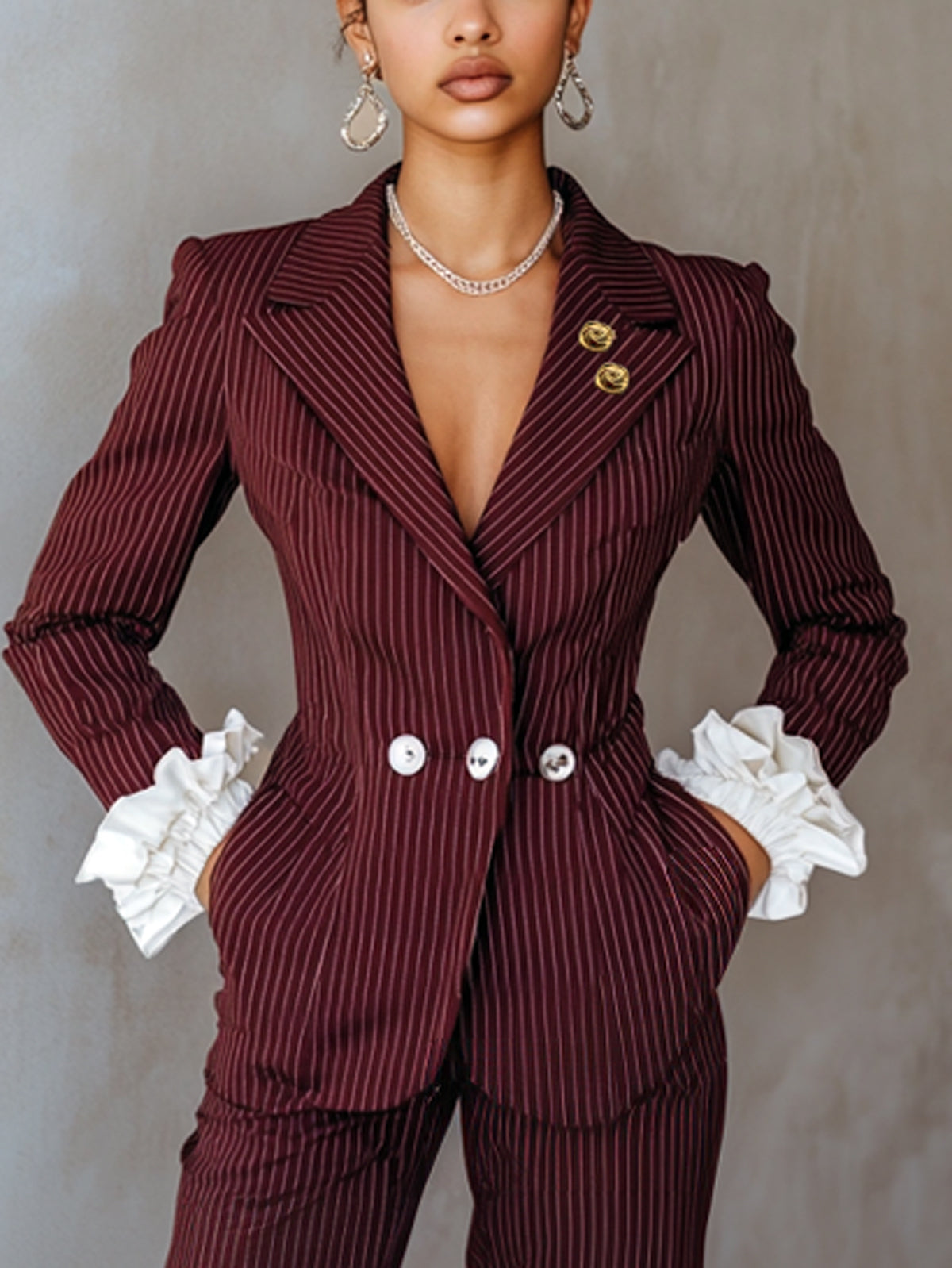 Red Pinstripe Ruffle Cuff Double Breasted Suit