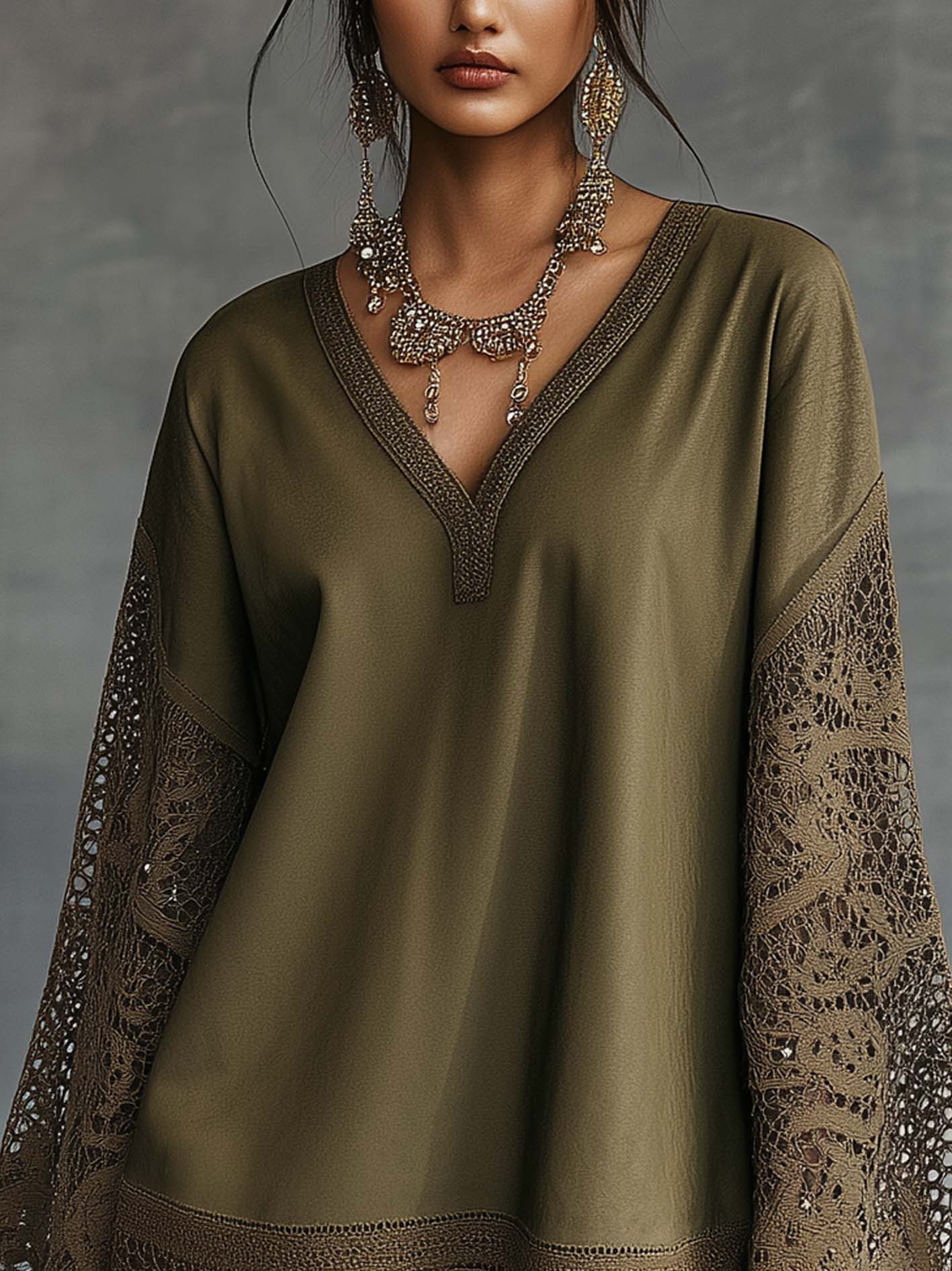 Vintage Olive Green Faux Suede Mini Dress With Lace